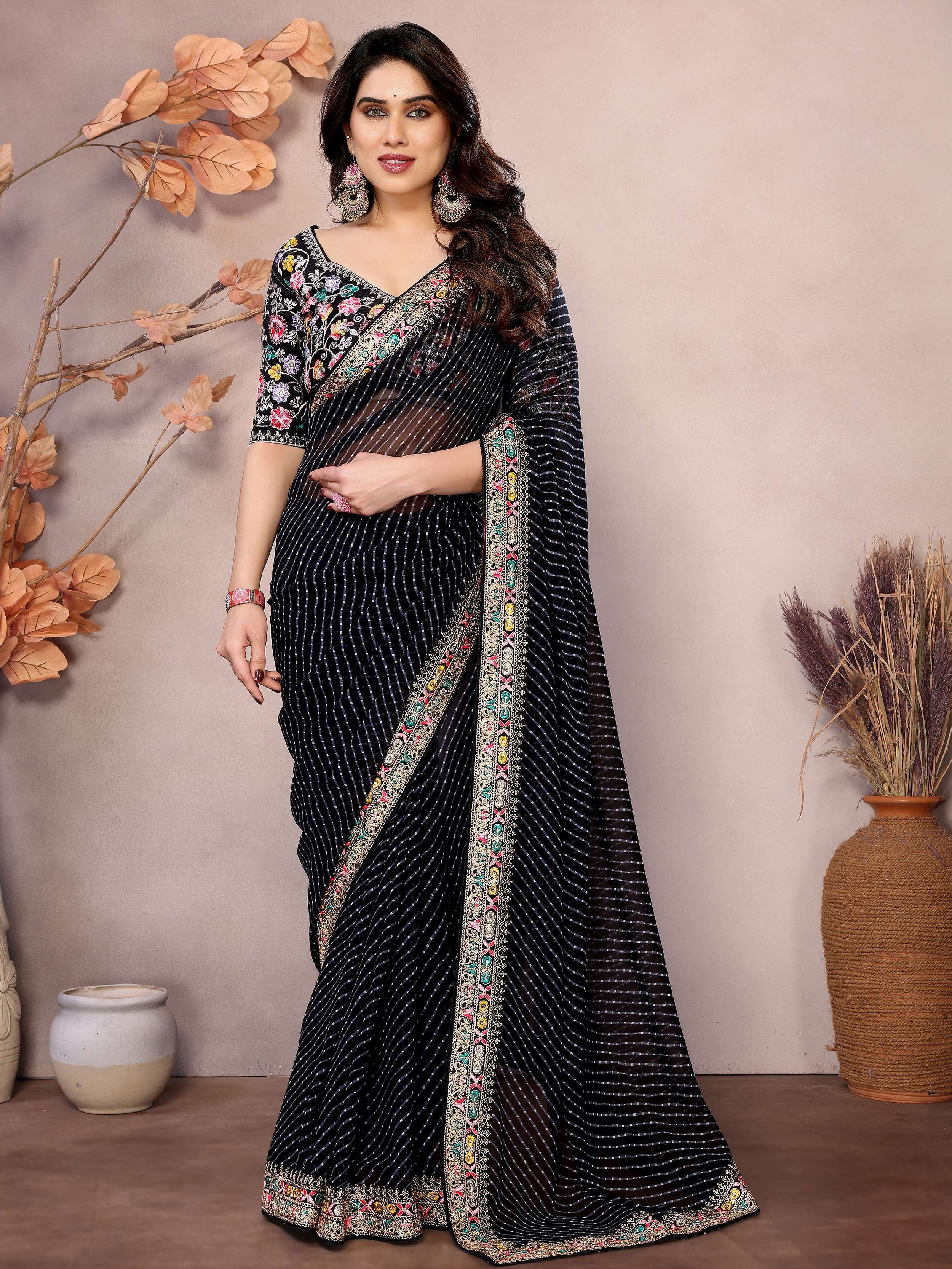 Black Attractive Georgette Thread Embroidered Saree