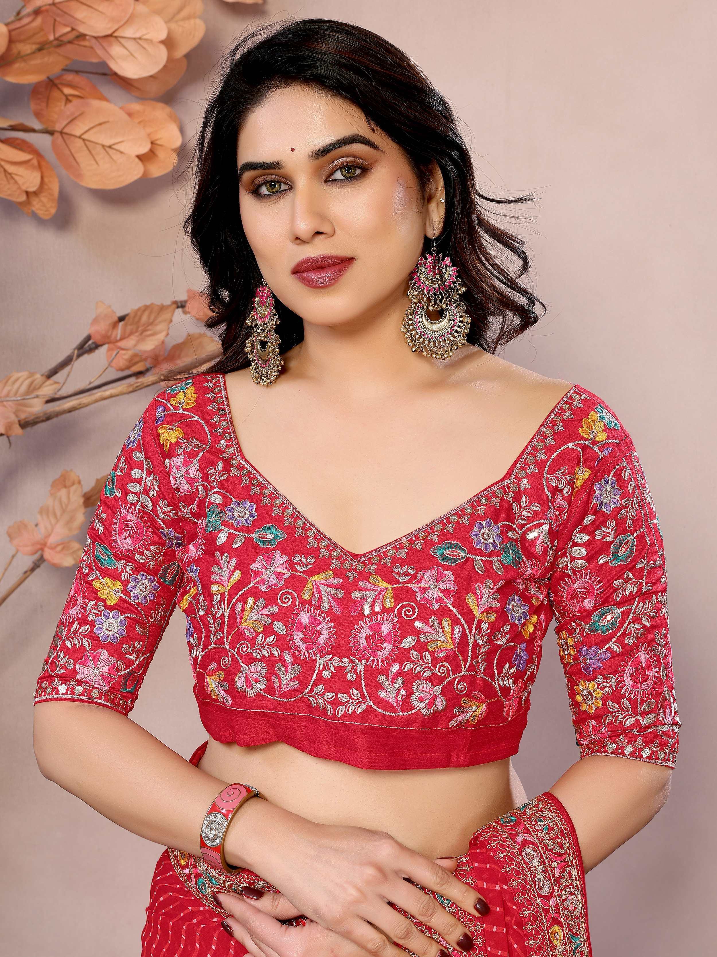 Red Attractive Georgette Thread Embroidered Saree
