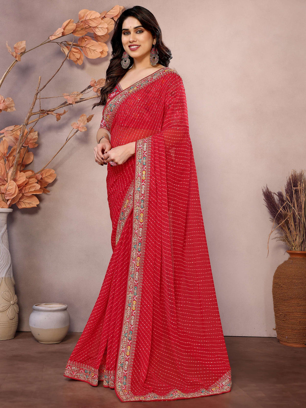Red Attractive Georgette Thread Embroidered Saree