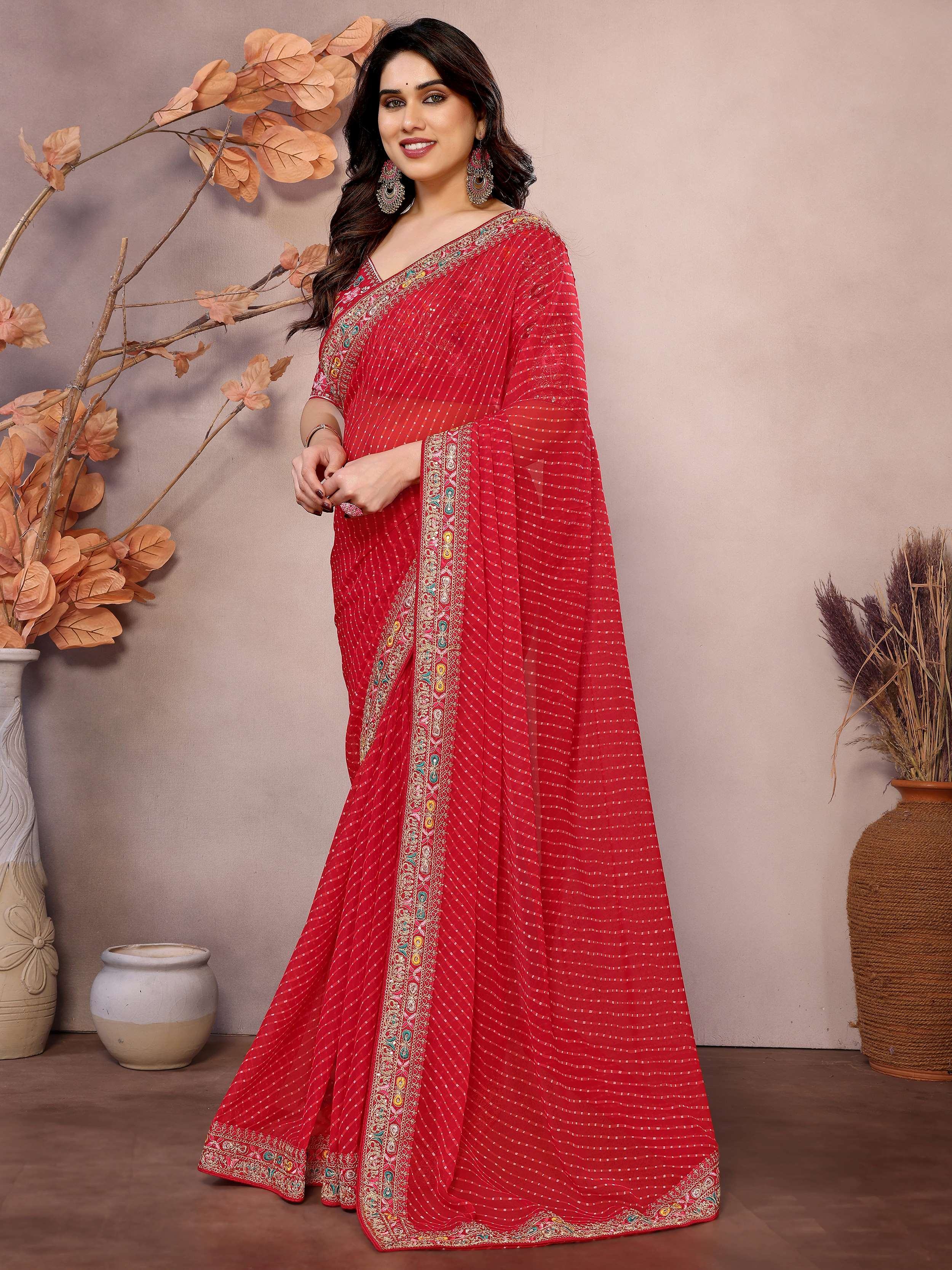 Red Attractive Georgette Thread Embroidered Saree