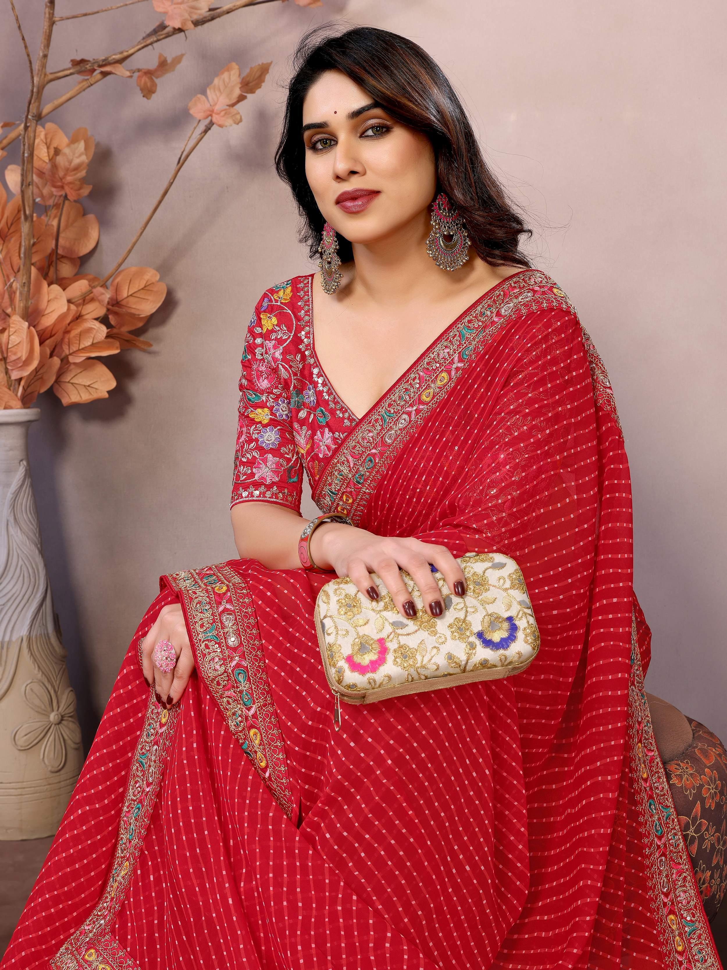 Red Attractive Georgette Thread Embroidered Saree