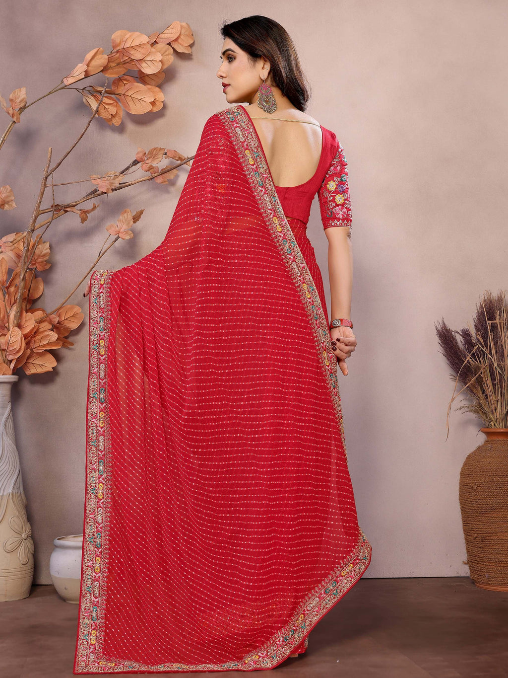 Red Attractive Georgette Thread Embroidered Saree