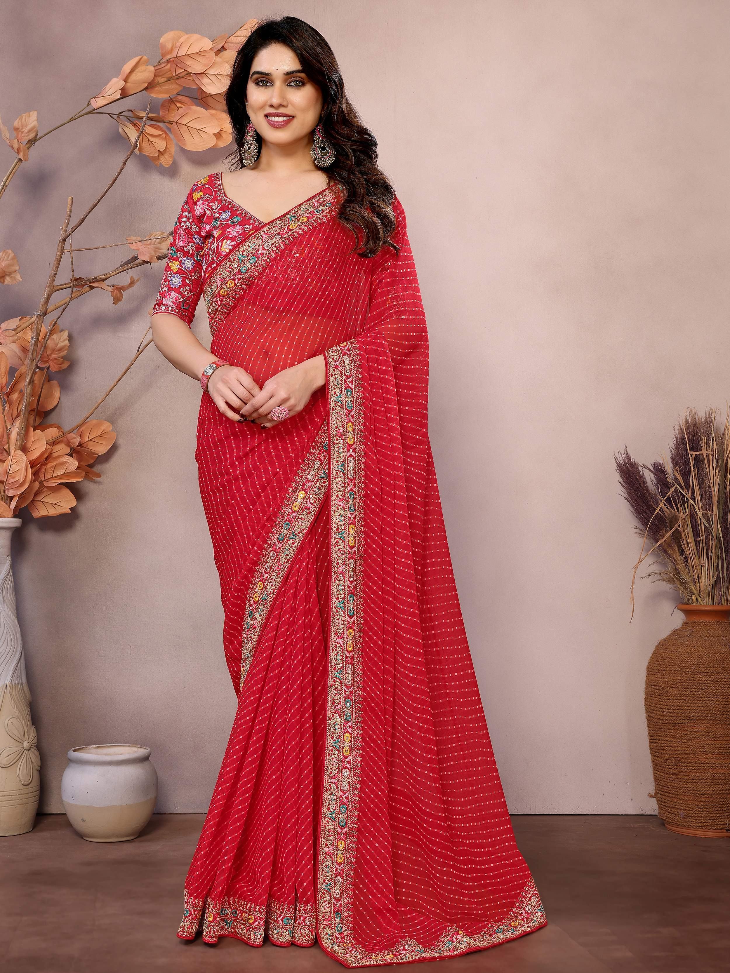 Red Attractive Georgette Thread Embroidered Saree