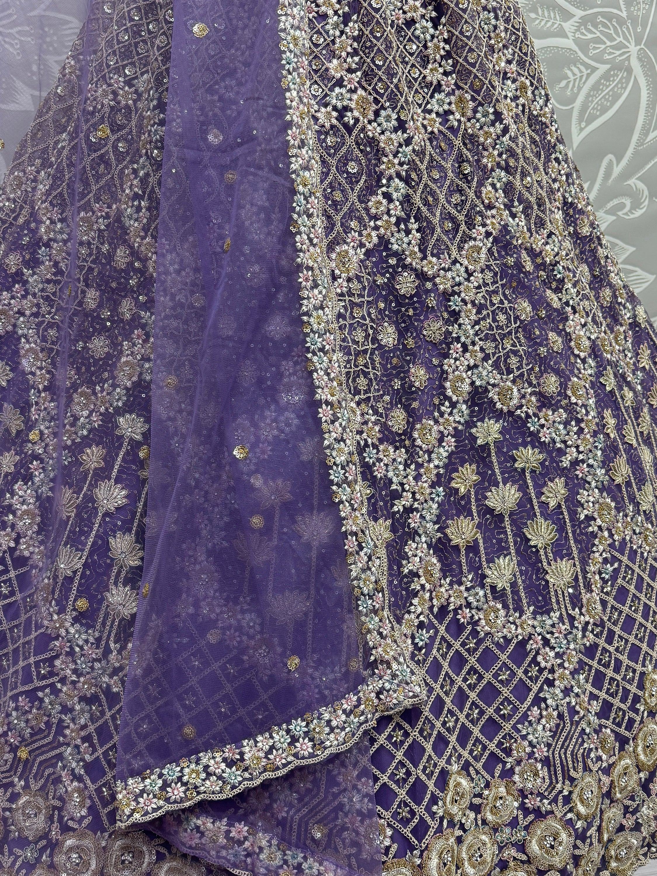 Purple Alluring Thread Embroidered Net Wedding Lehenga Choli