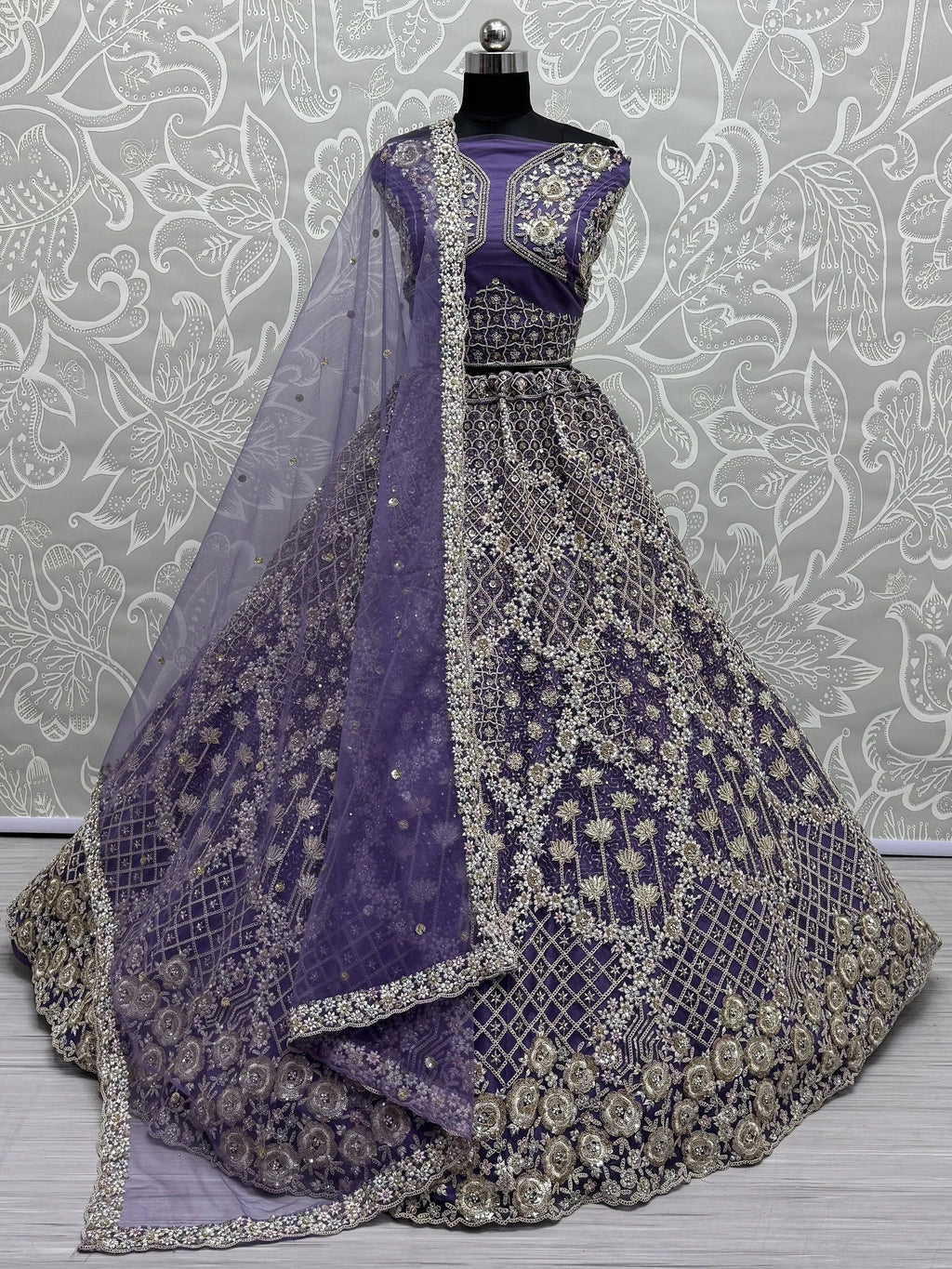 Purple Alluring Thread Embroidered Net Wedding Lehenga Choli