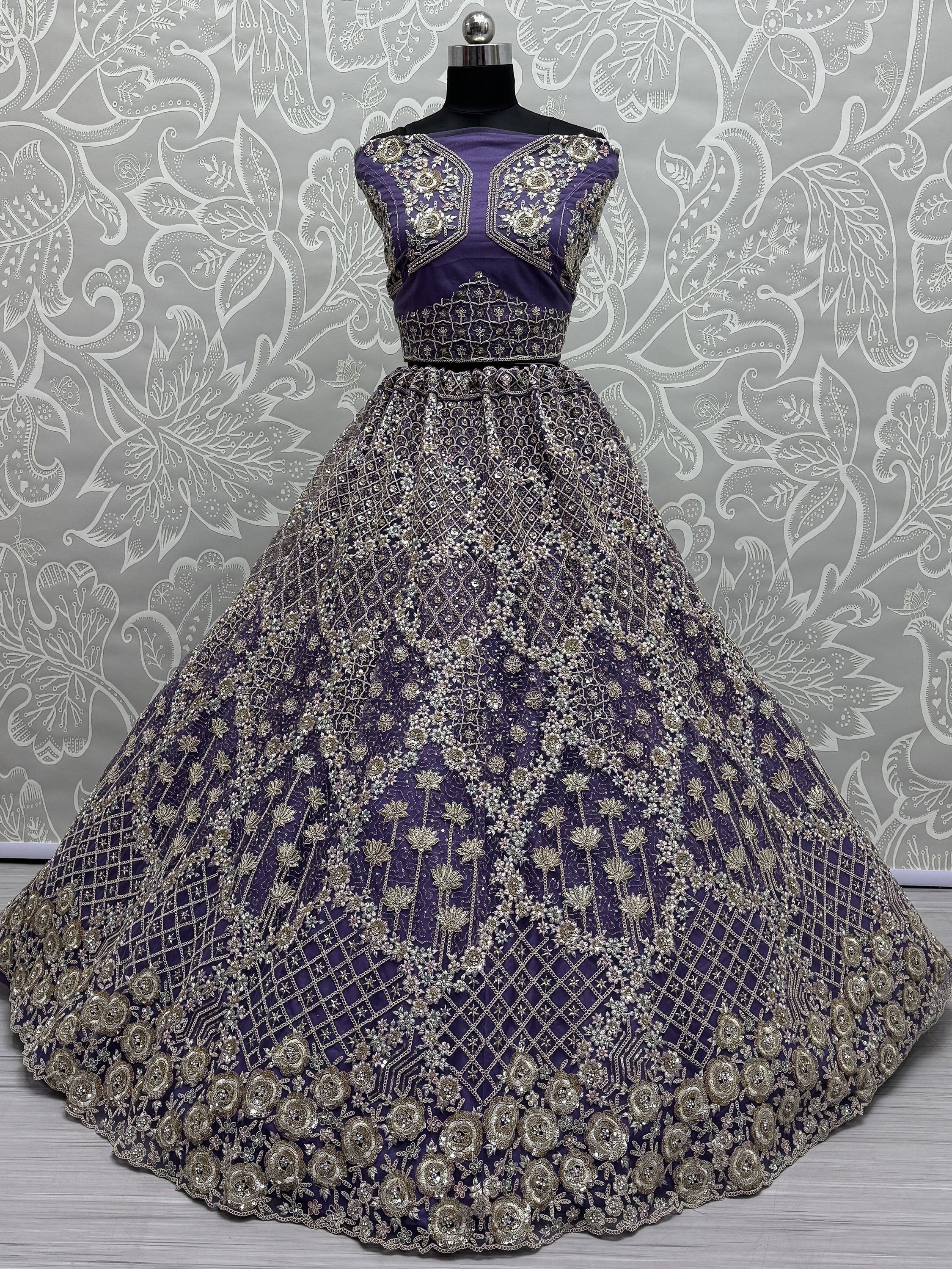 Purple Alluring Thread Embroidered Net Wedding Lehenga Choli