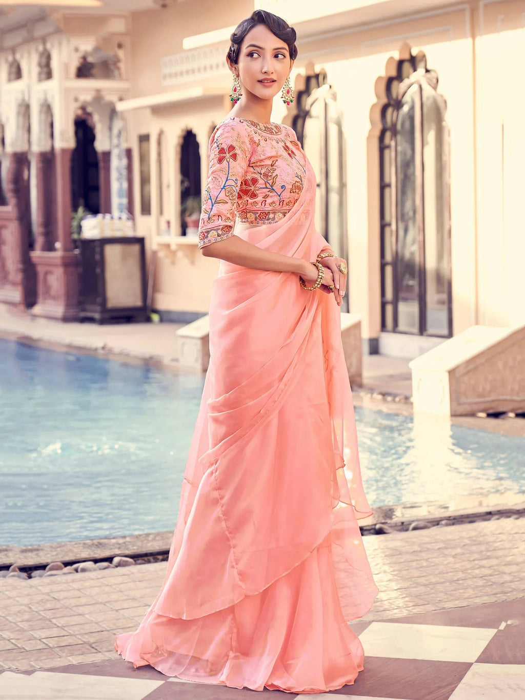 Lavish Peach Thread Work Organza Reception Wear Frill Saree With Blouse