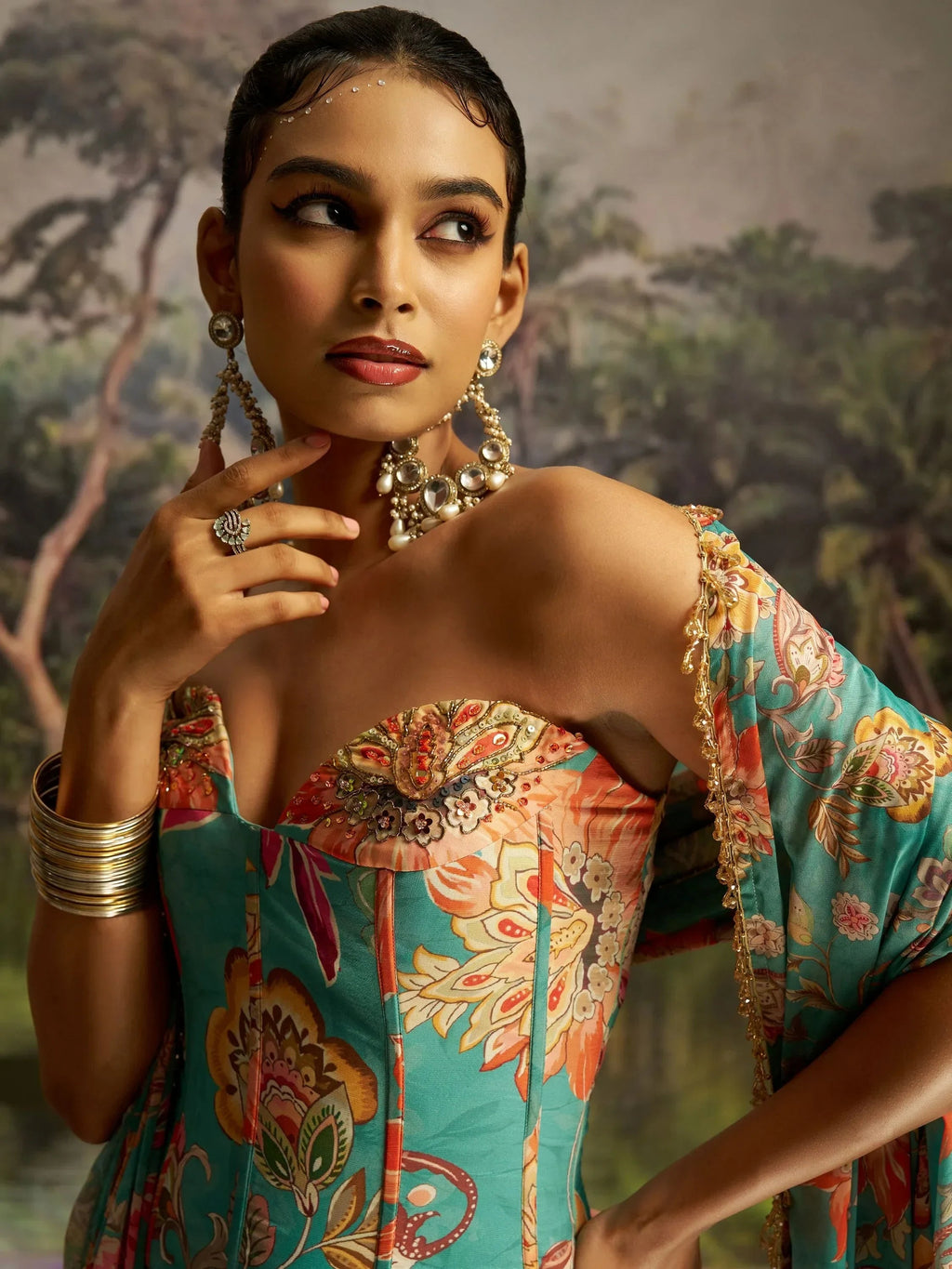 Superb Mint Blue Digital Printed Georgette Designer Lehenga With Corset Choli