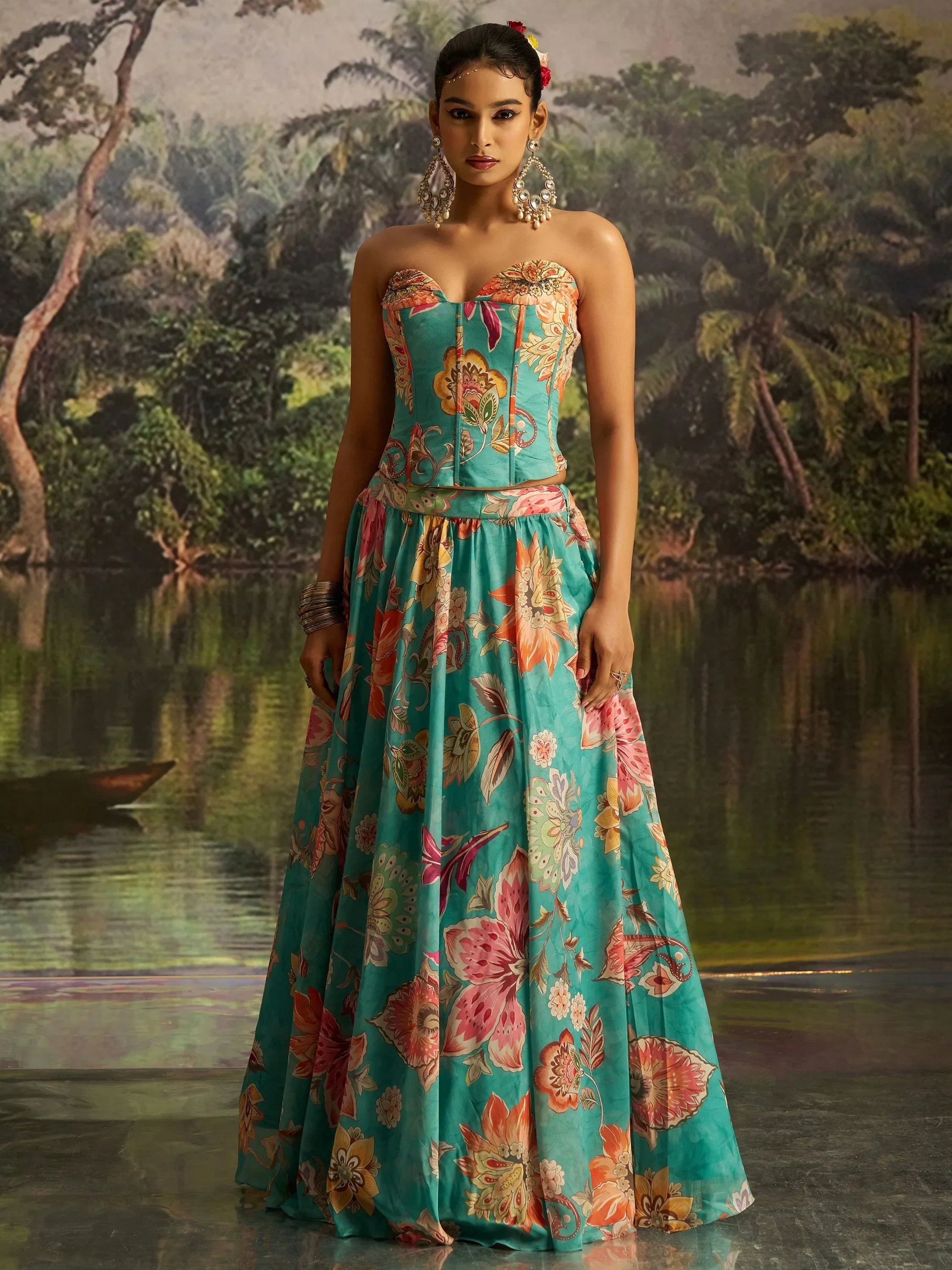 Superb Mint Blue Digital Printed Georgette Designer Lehenga With Corset Choli