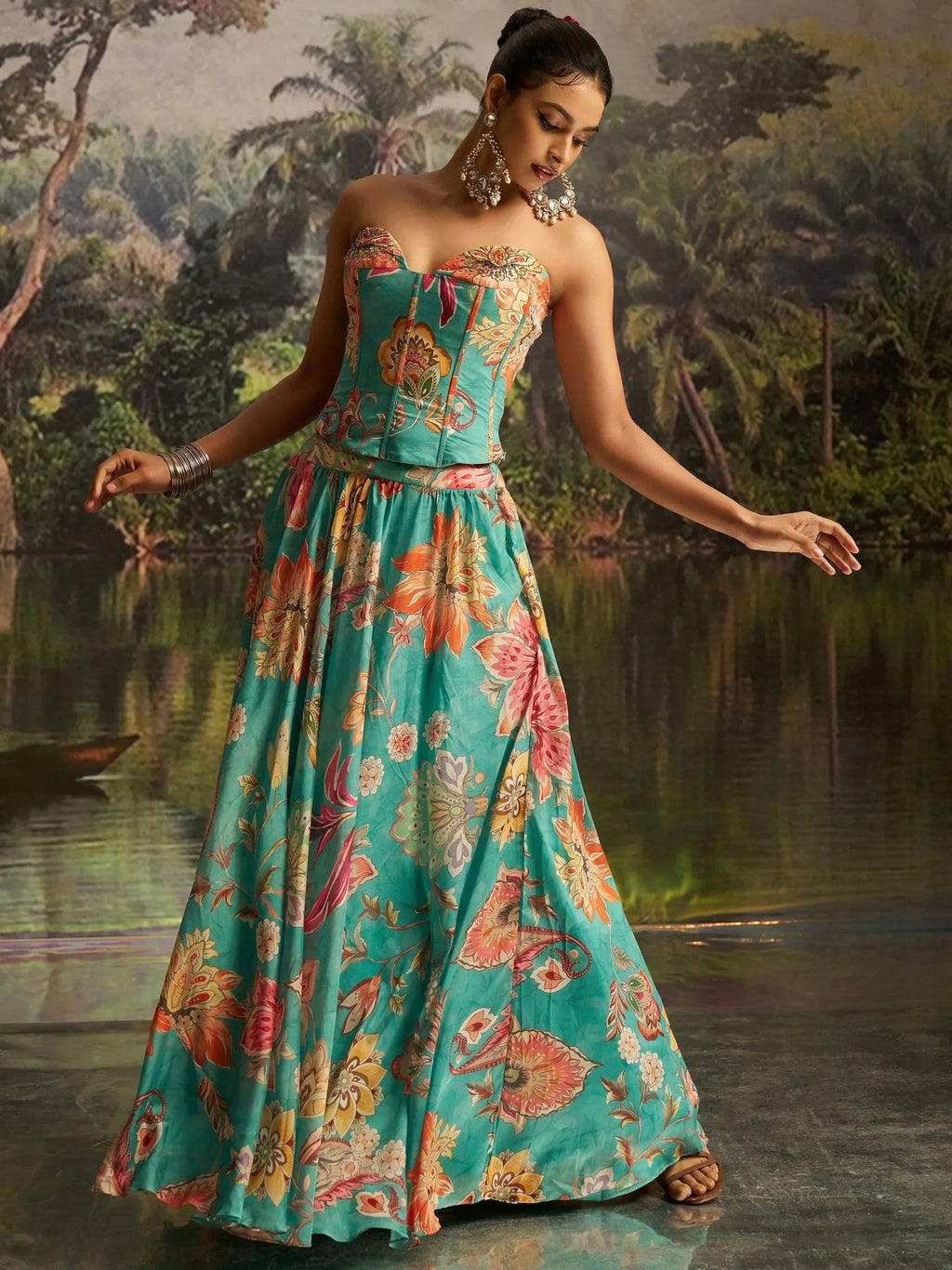 Superb Mint Blue Digital Printed Georgette Designer Lehenga With Corset Choli