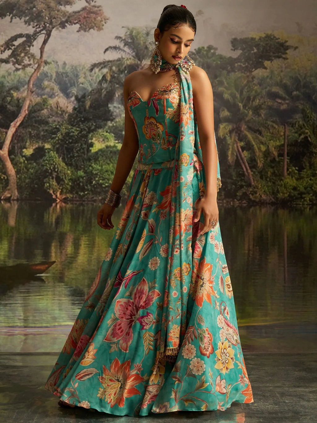 Superb Mint Blue Digital Printed Georgette Designer Lehenga With Corset Choli