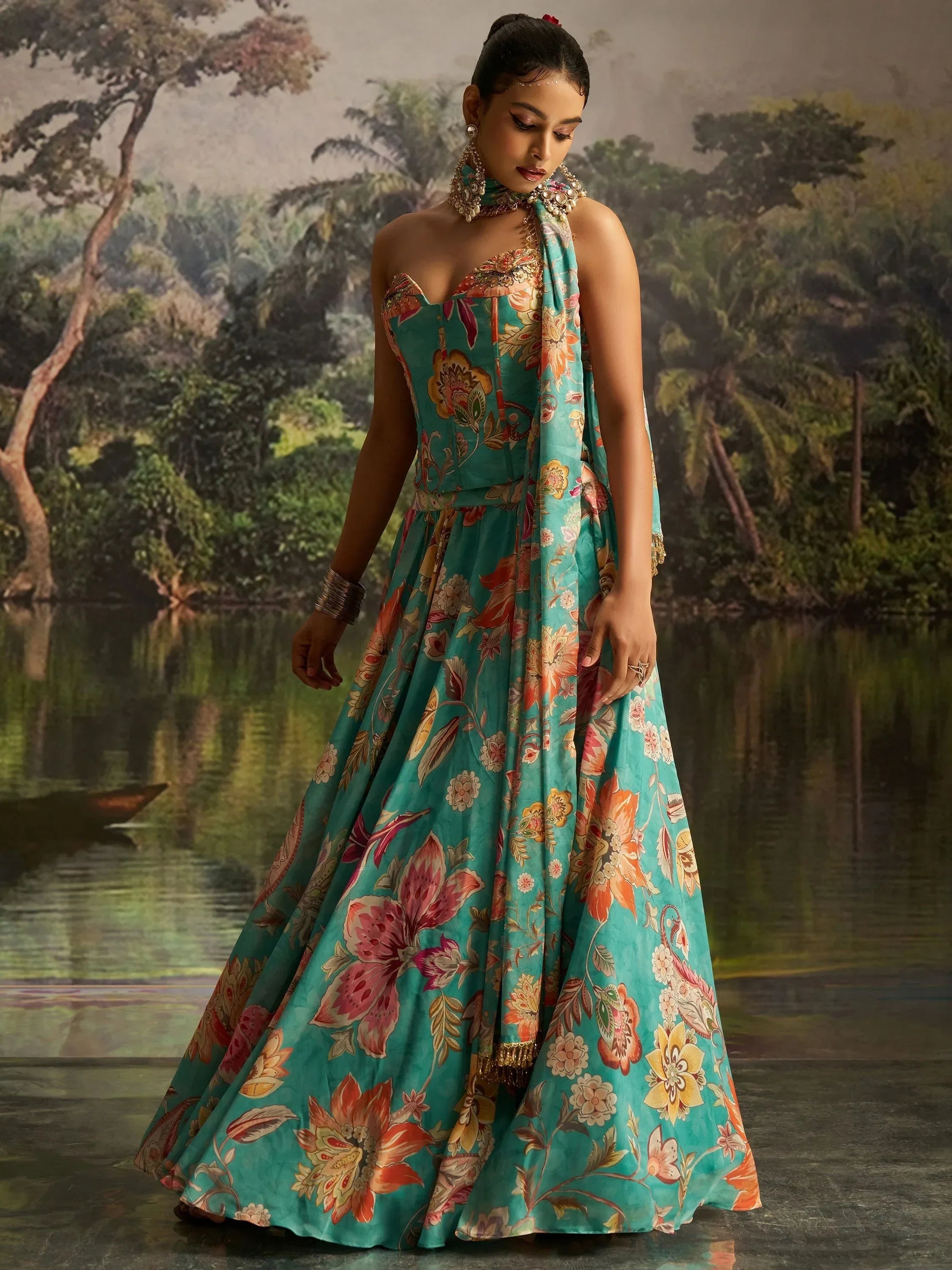 Superb Mint Blue Digital Printed Georgette Designer Lehenga With Corset Choli