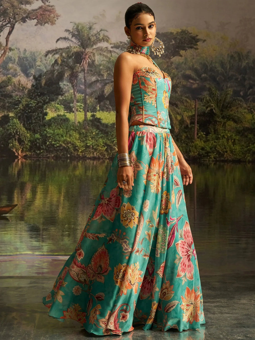 Superb Mint Blue Digital Printed Georgette Designer Lehenga With Corset Choli