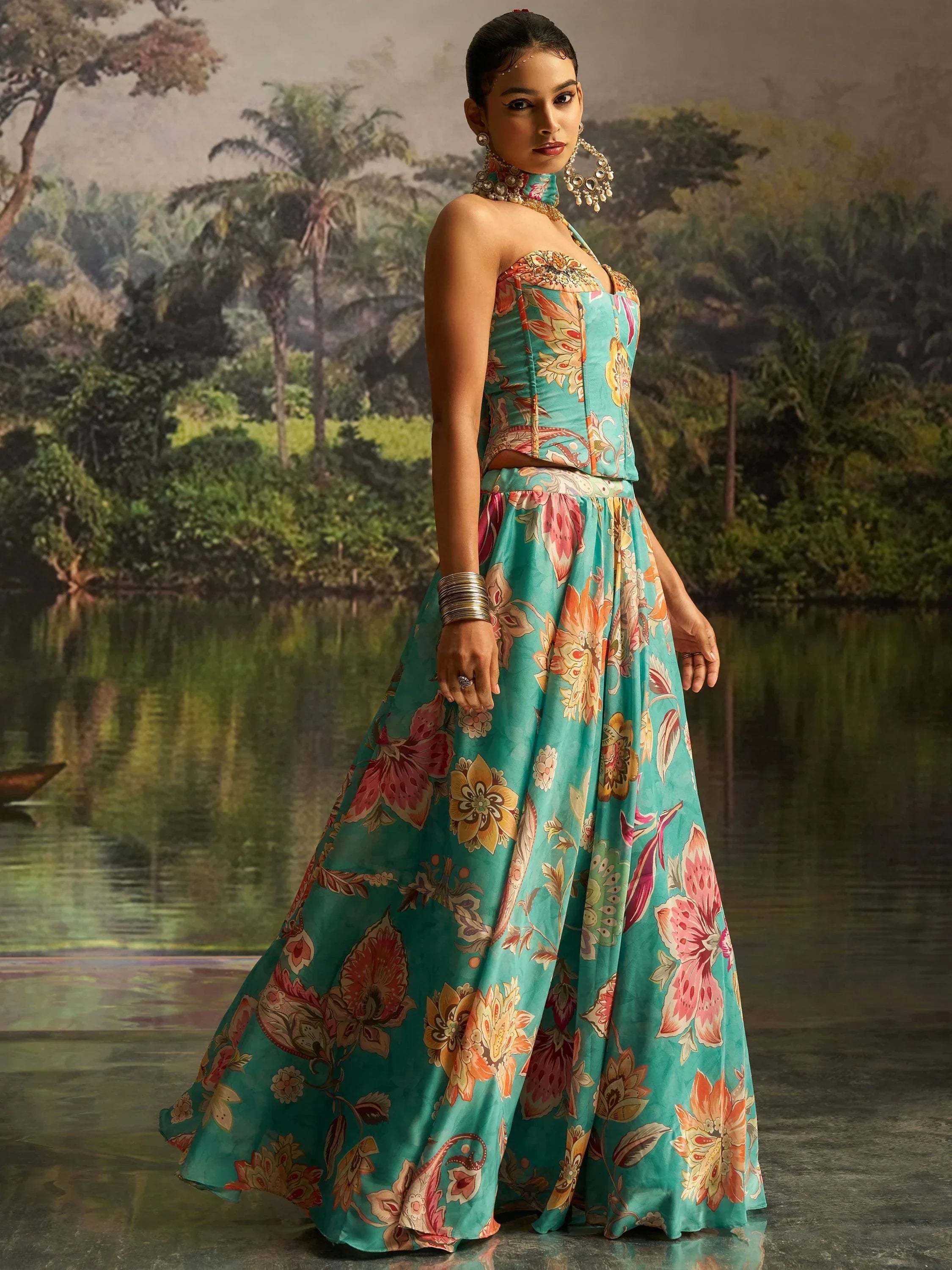 Superb Mint Blue Digital Printed Georgette Designer Lehenga With Corset Choli