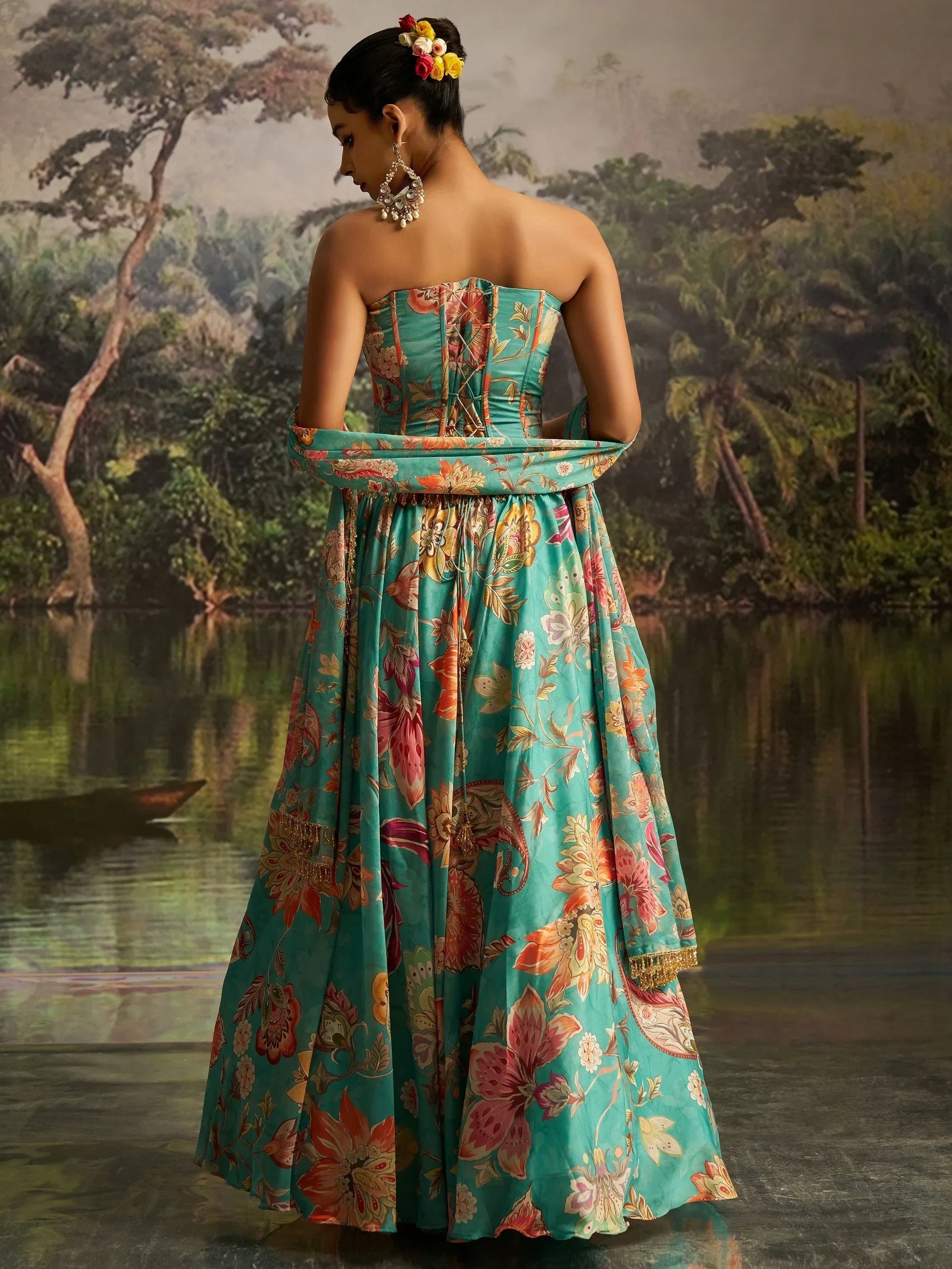 Superb Mint Blue Digital Printed Georgette Designer Lehenga With Corset Choli