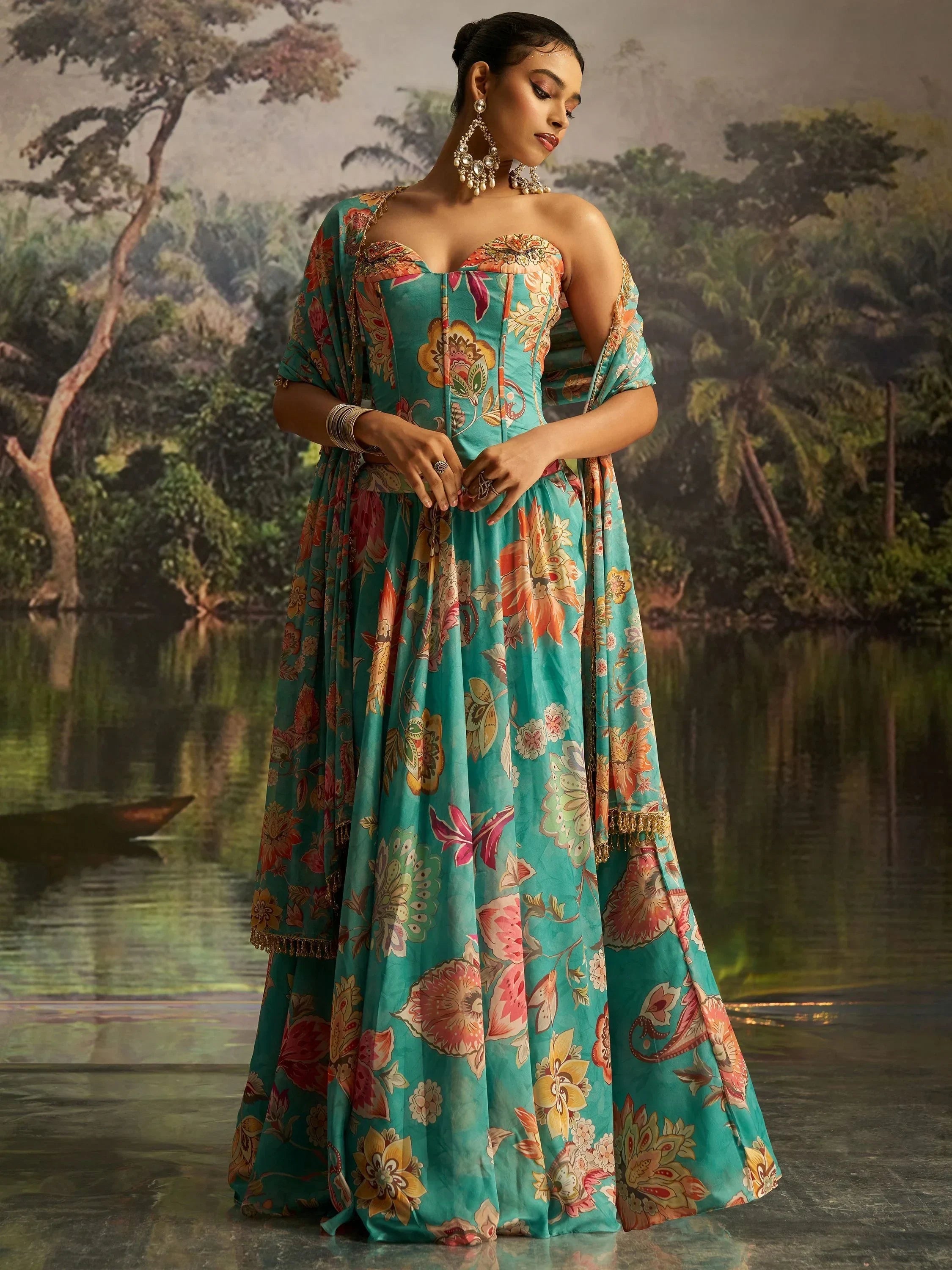 Superb Mint Blue Digital Printed Georgette Designer Lehenga With Corset Choli