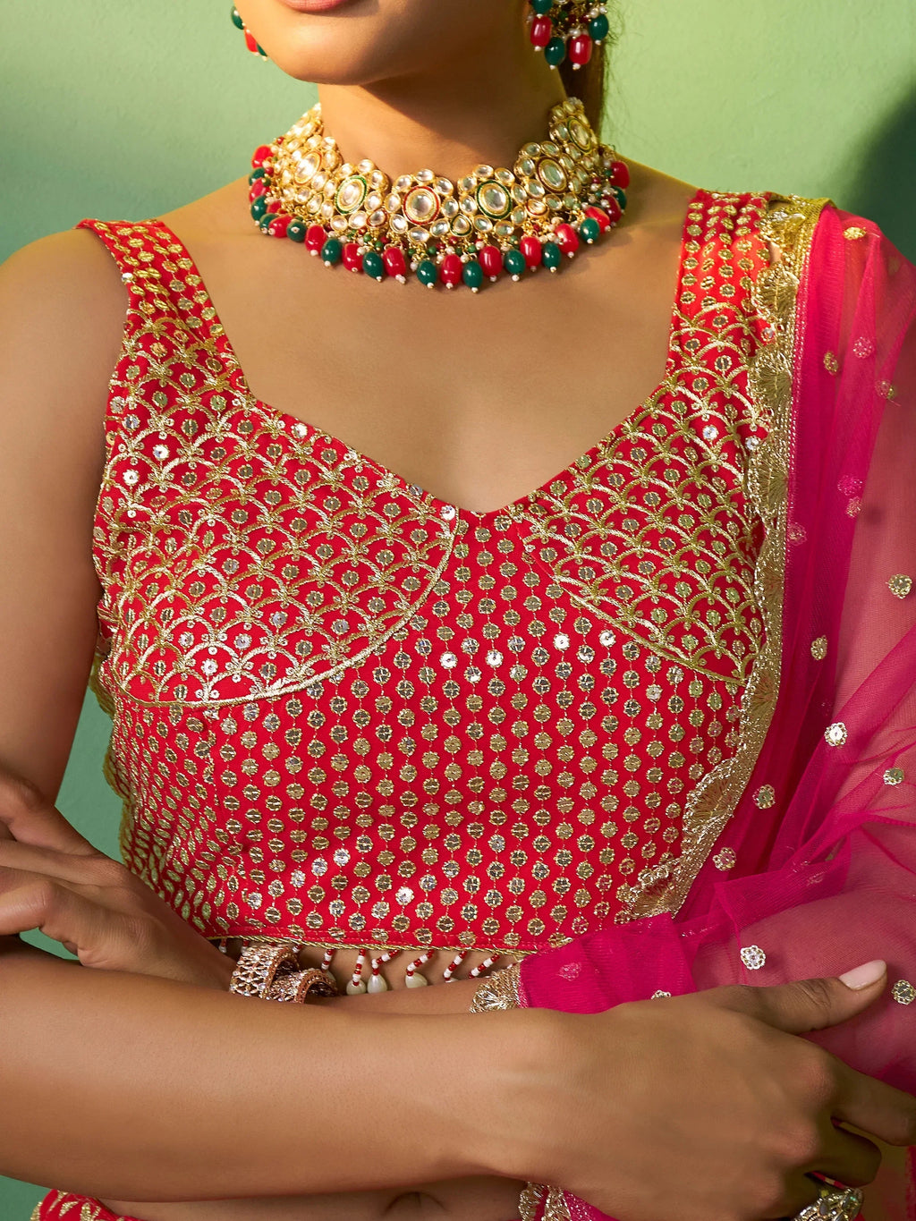 Fascinating Red Sequins Georgette Wedding Wear Lehenga Choli