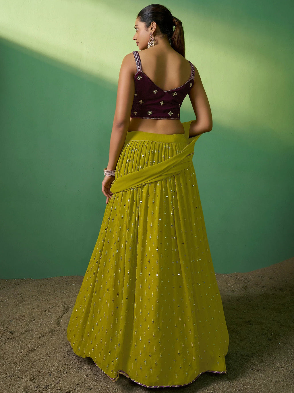 Precious Green Sequins Georgette Mehendi Wear Lehenga Choli