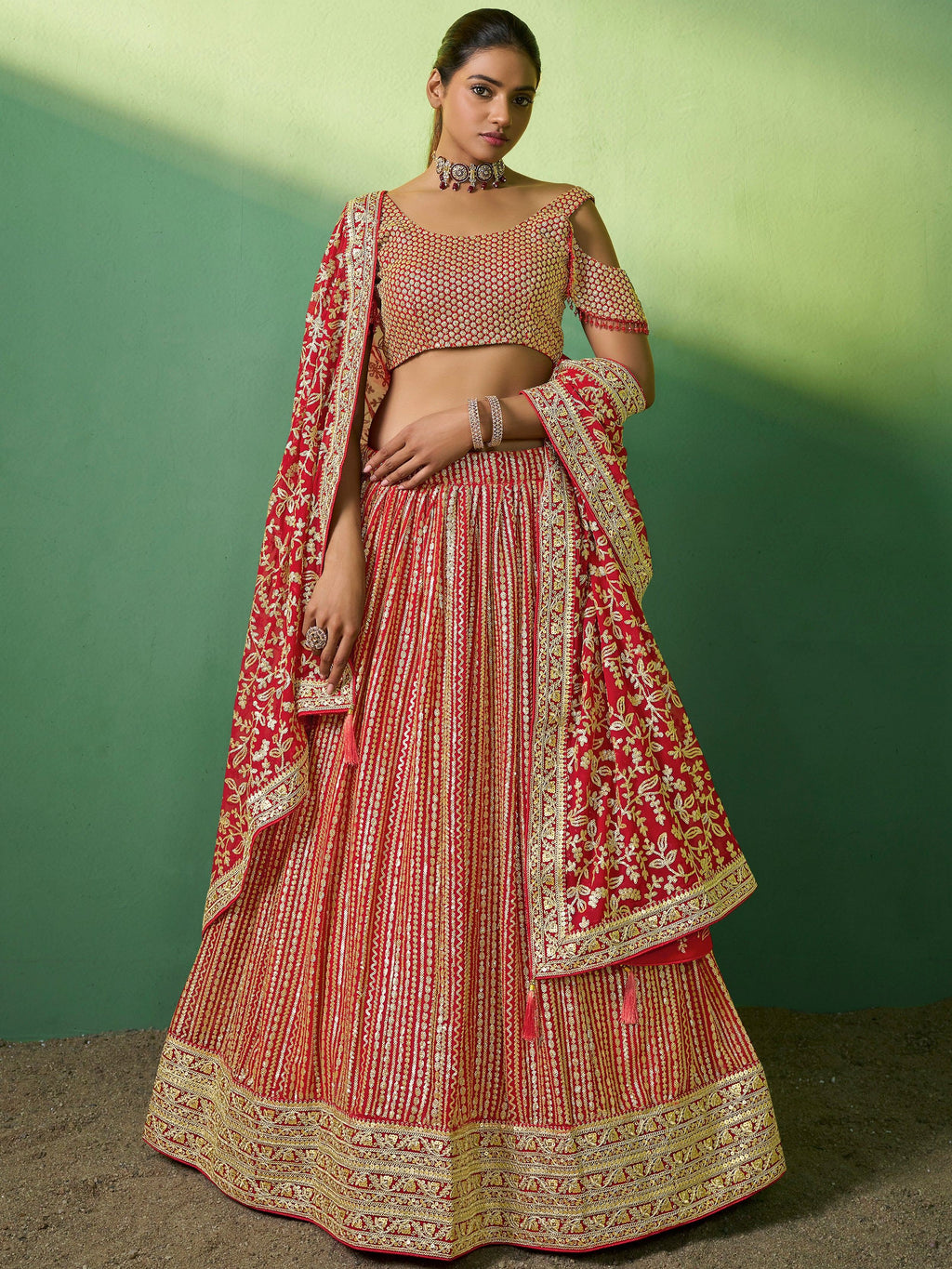 Beautiful Red Sequins Georgette Lehenga Choli With Net Dupatta