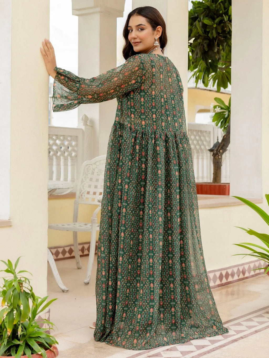 Awesome Bottle Green Digital Printed Georgette Designer Sharara Suit With Jacket