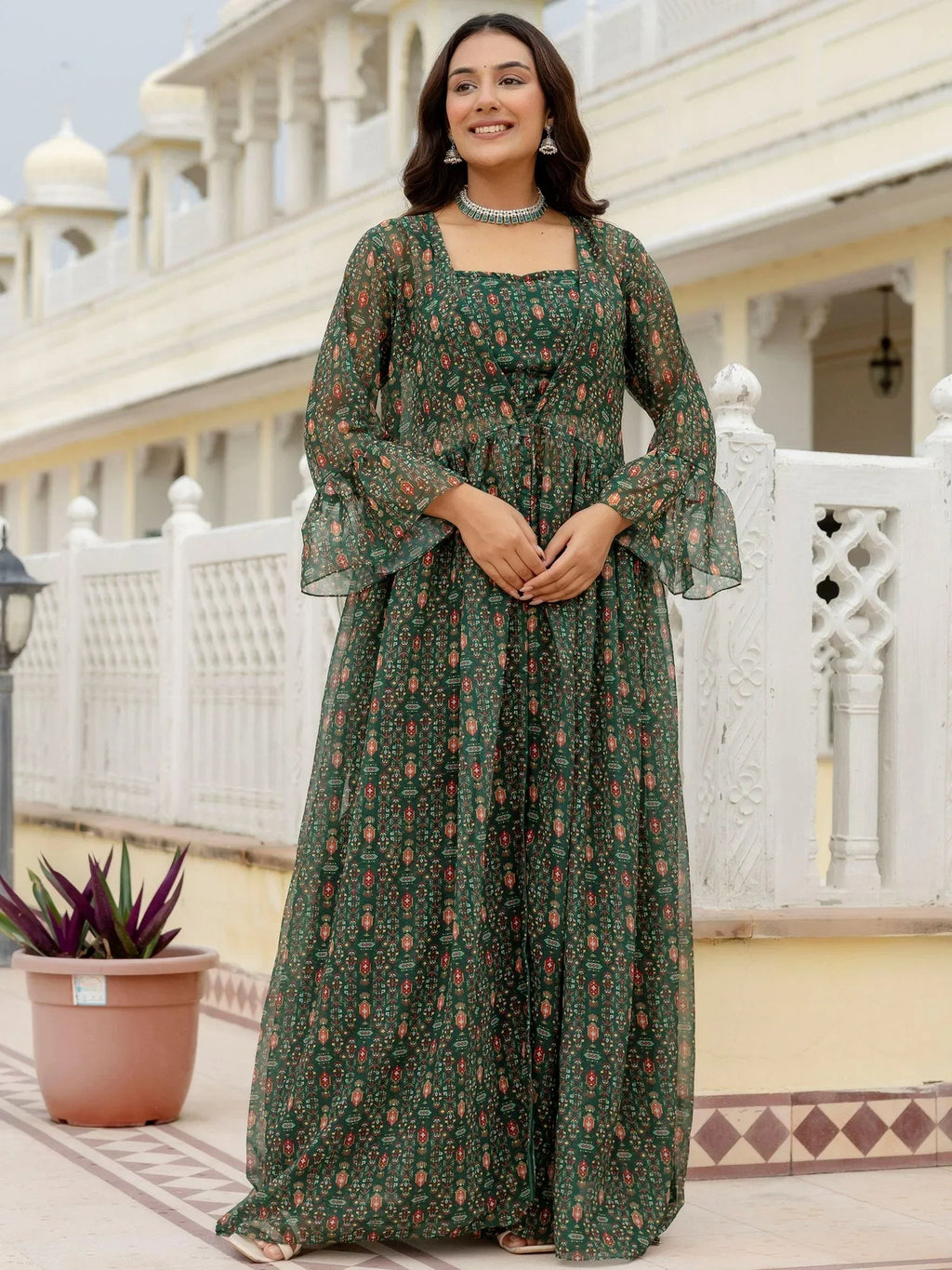 Awesome Bottle Green Digital Printed Georgette Designer Sharara Suit With Jacket