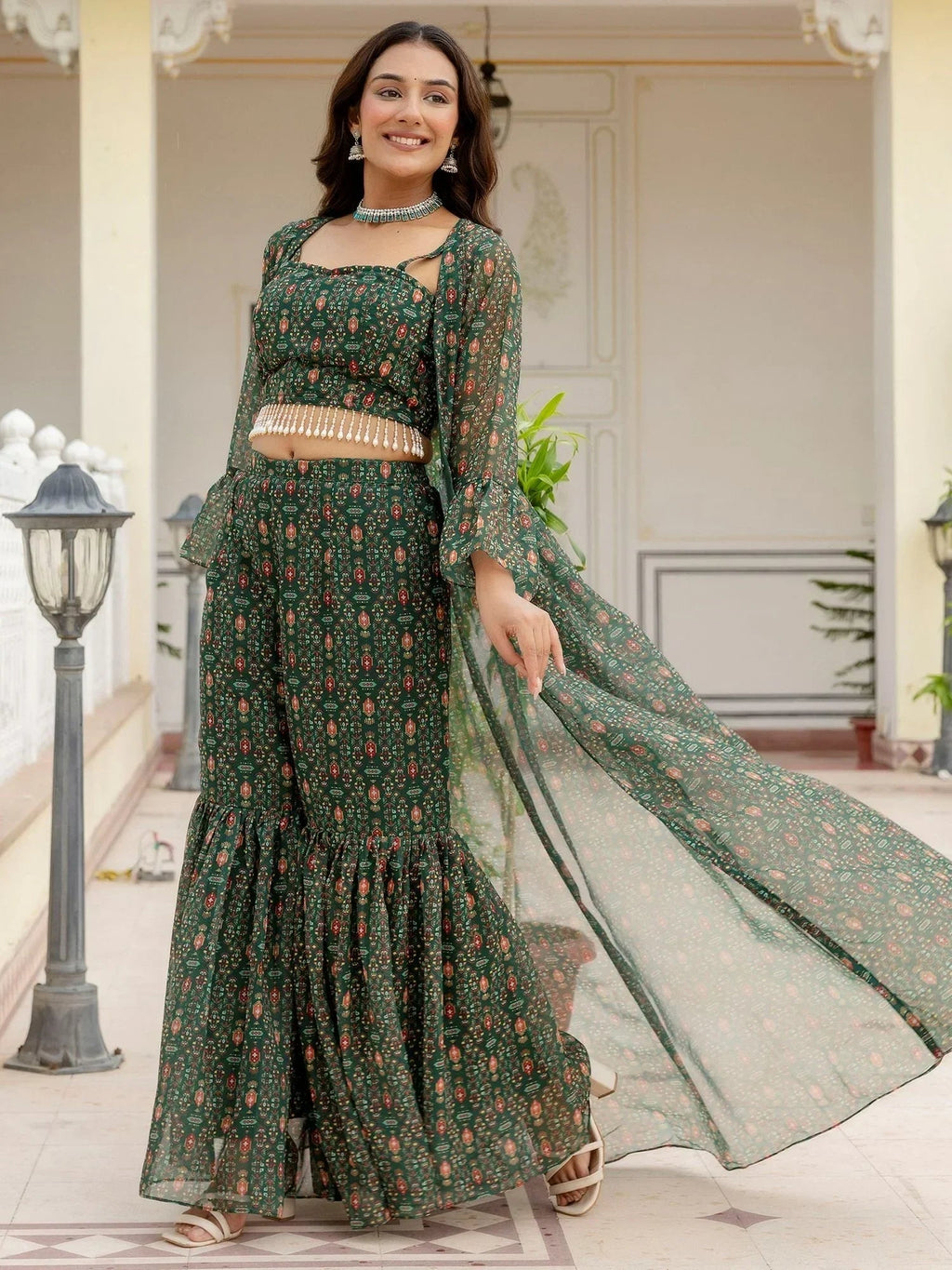 Awesome Bottle Green Digital Printed Georgette Designer Sharara Suit With Jacket
