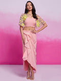 Astonishing Peach Organza Party Wear Crop Top Skirt With Cape