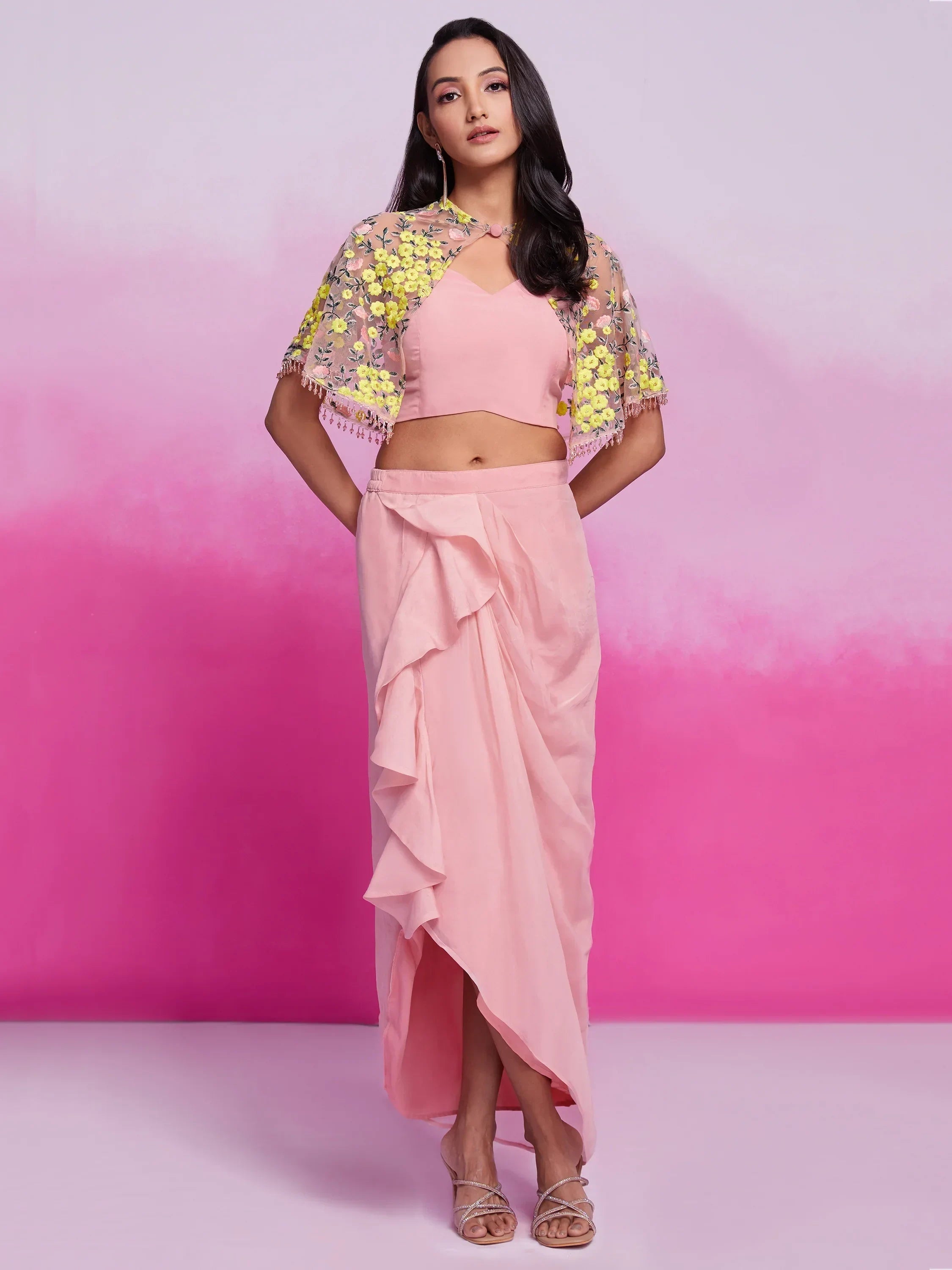Astonishing Peach Organza Party Wear Crop Top Skirt With Cape