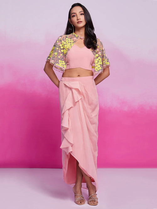 Astonishing Peach Organza Party Wear Crop Top Skirt With Cape