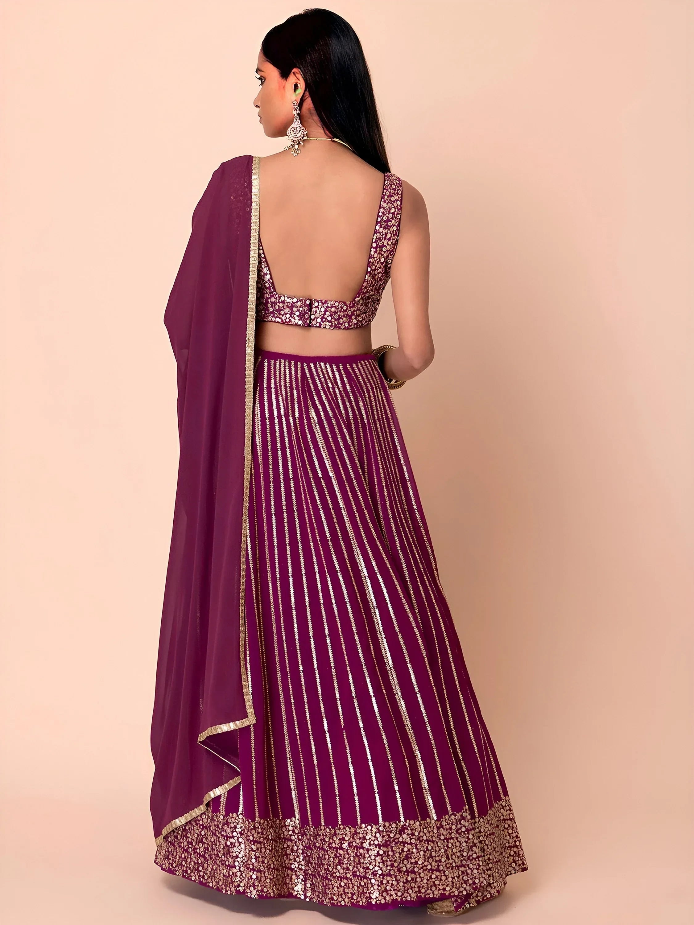 Marvelous Wine Sequins Georgette Reception Wear Lehenga Choli