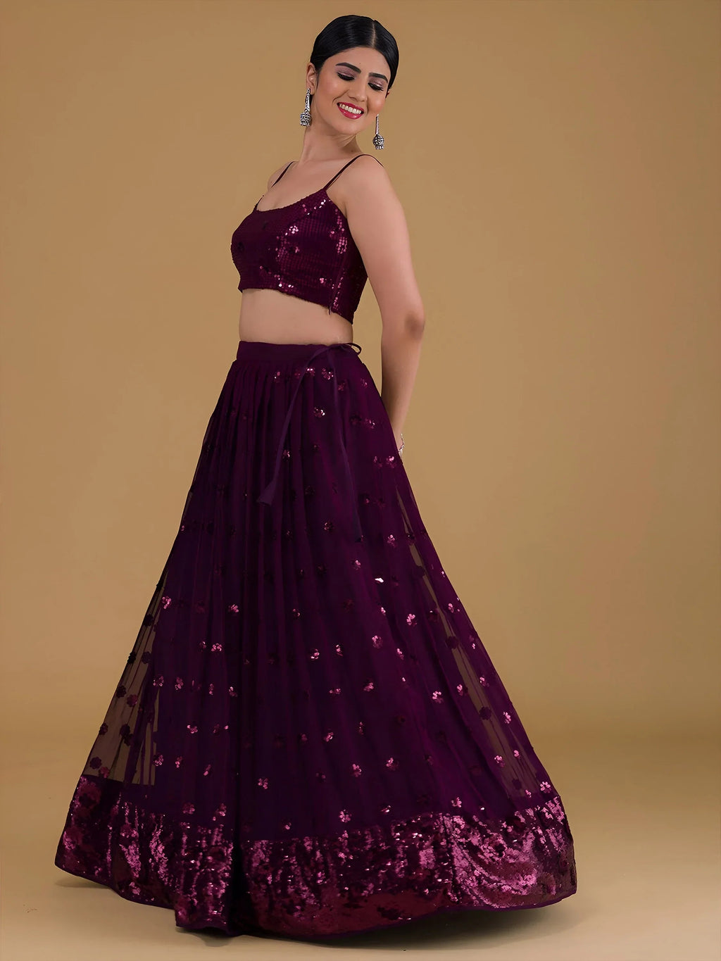 Purple Outstanding Sequins Georgette Party Wear Lehenga Choli