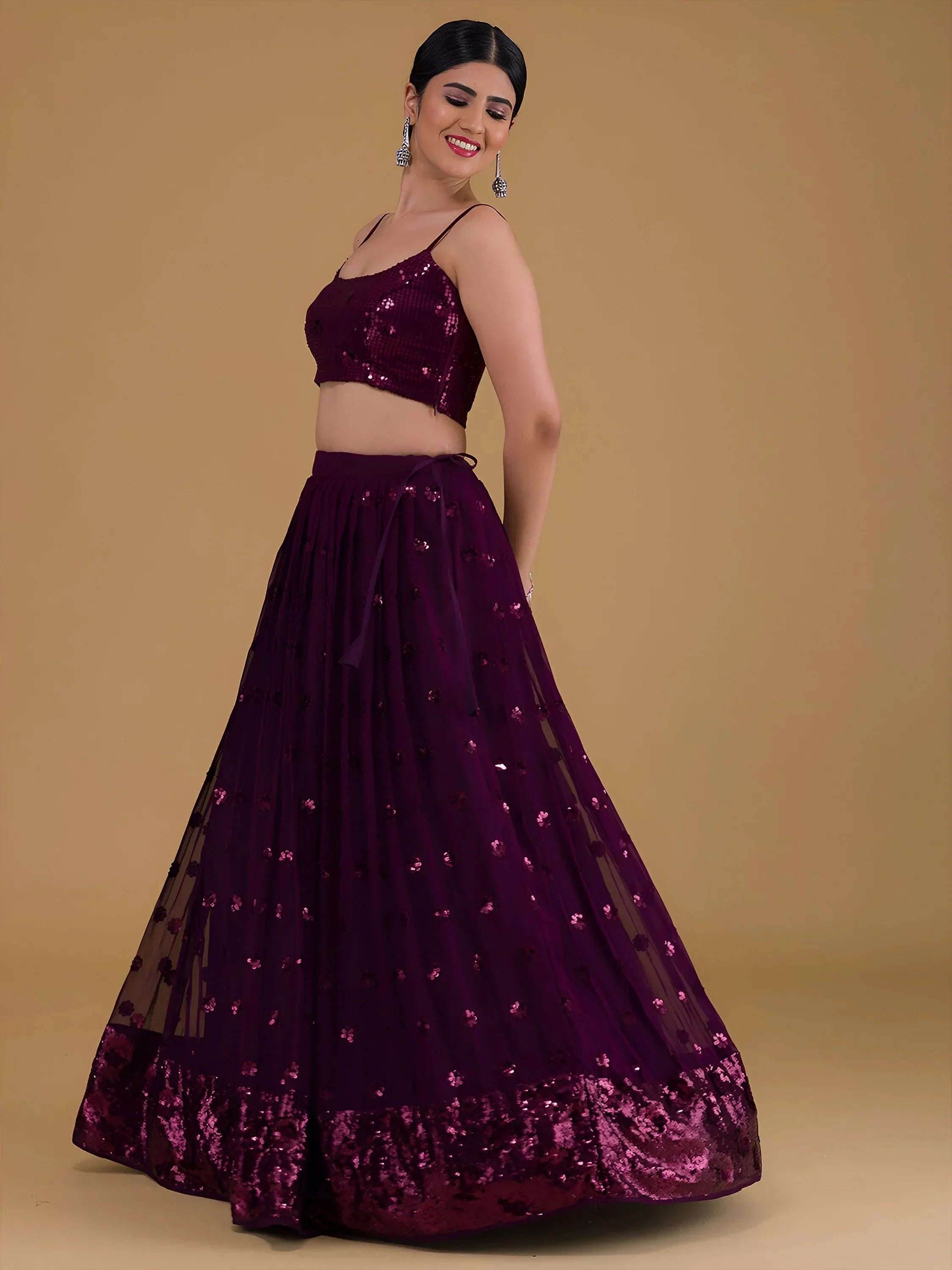 Purple Outstanding Sequins Georgette Party Wear Lehenga Choli
