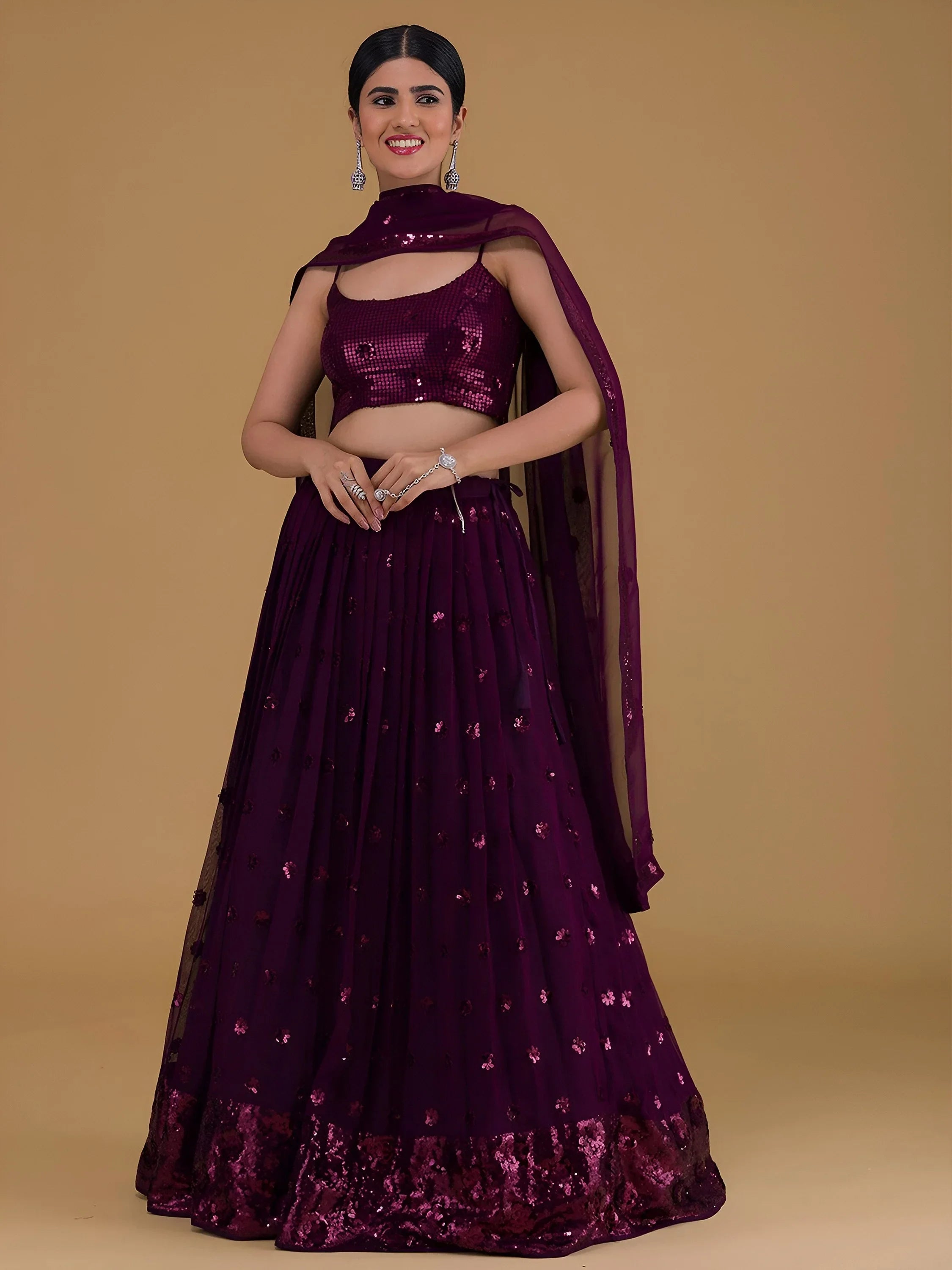 Purple Outstanding Sequins Georgette Party Wear Lehenga Choli