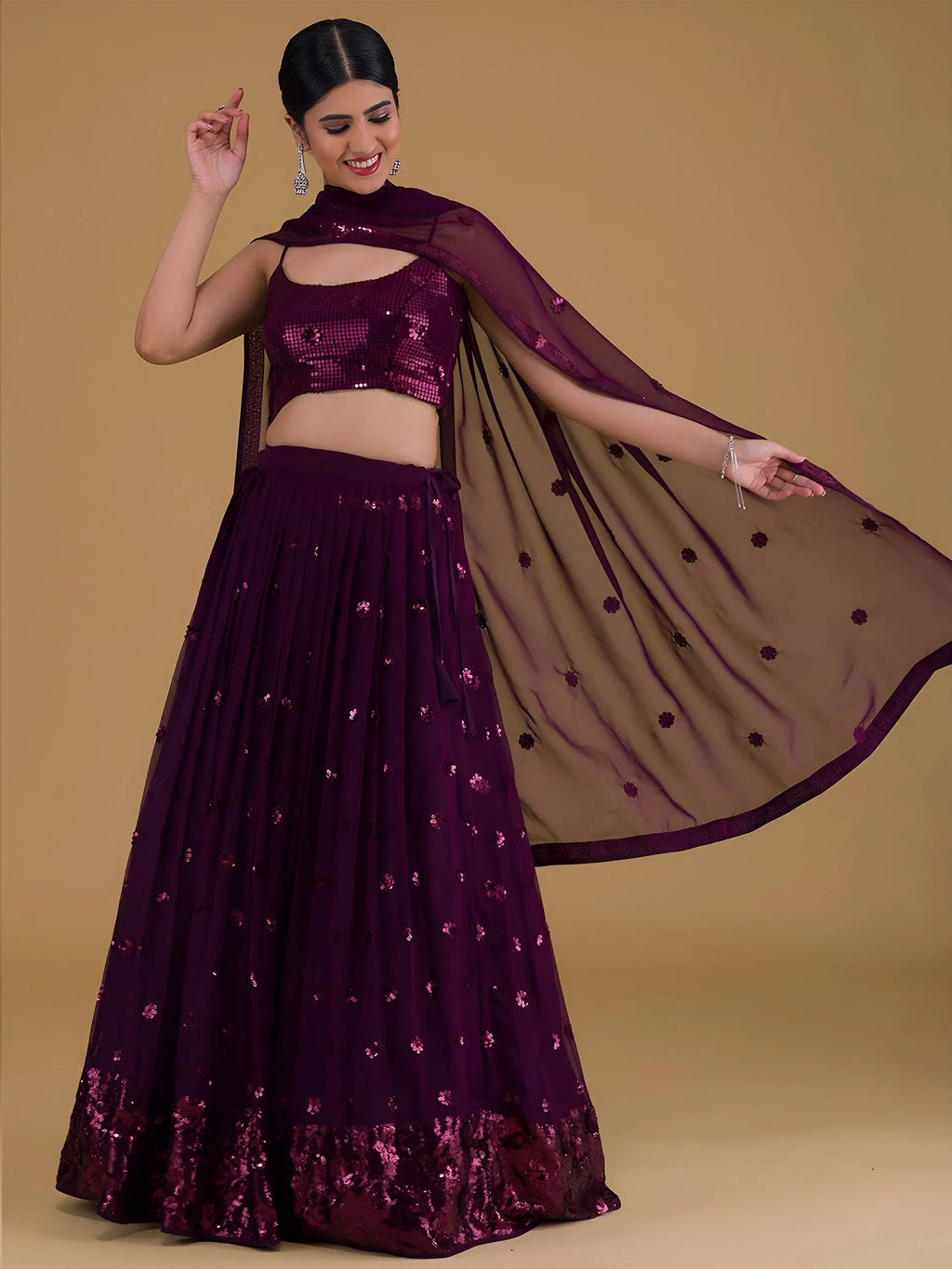 Purple Outstanding Sequins Georgette Party Wear Lehenga Choli