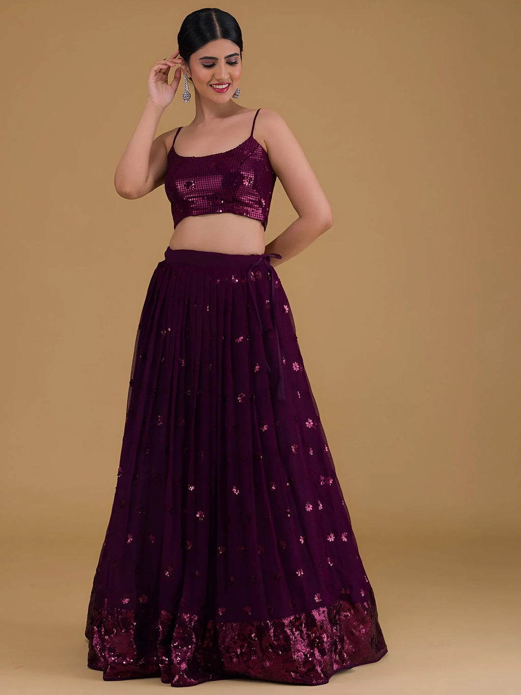 Purple Outstanding Sequins Georgette Party Wear Lehenga Choli