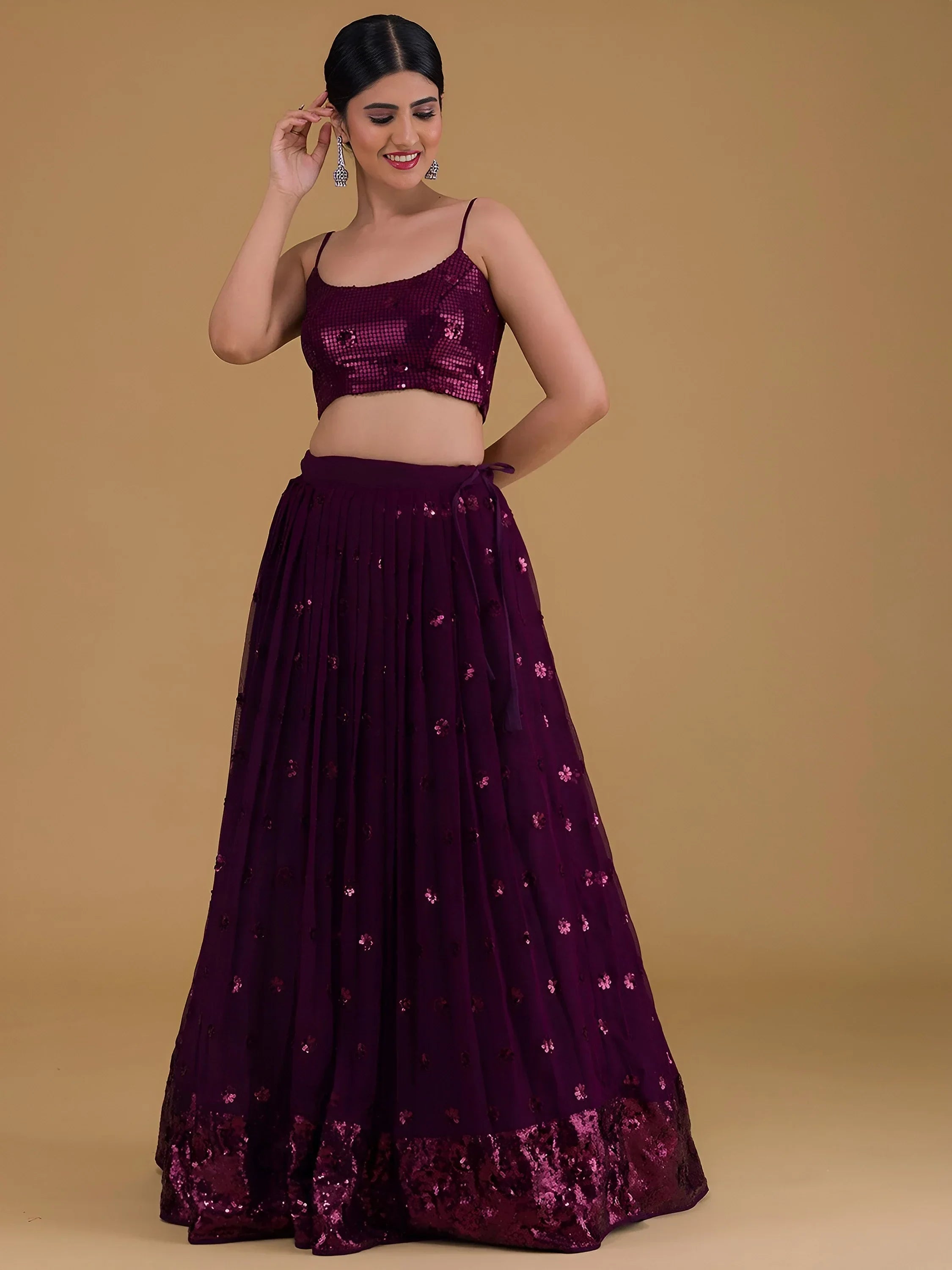 Purple Outstanding Sequins Georgette Party Wear Lehenga Choli