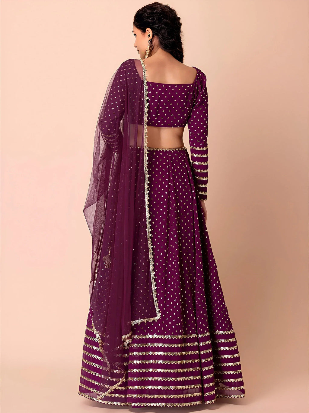 Alluring Purple Sequins Georgette Bridesmaid Lehenga Choli With Dupatta