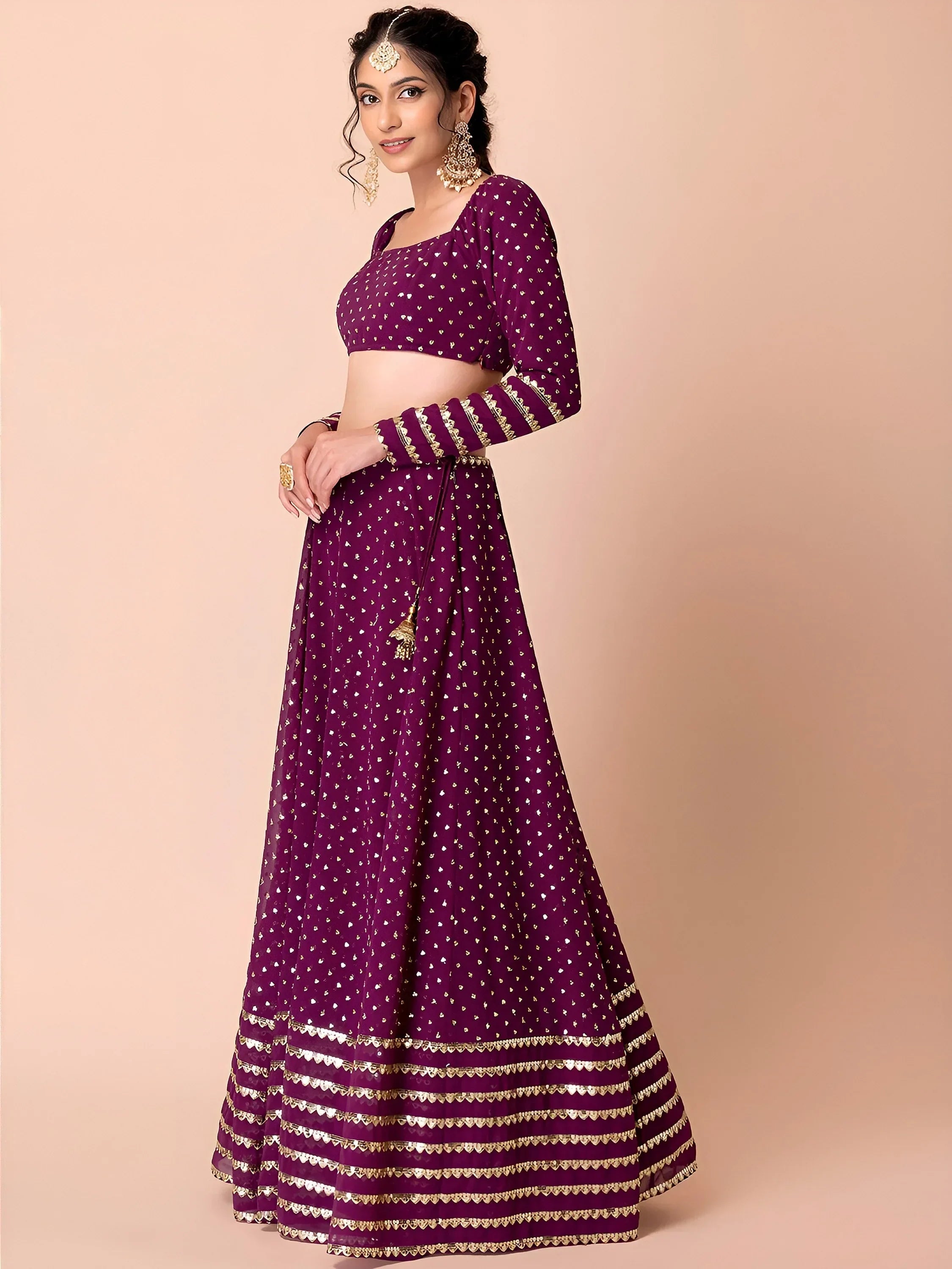 Alluring Purple Sequins Georgette Bridesmaid Lehenga Choli With Dupatta