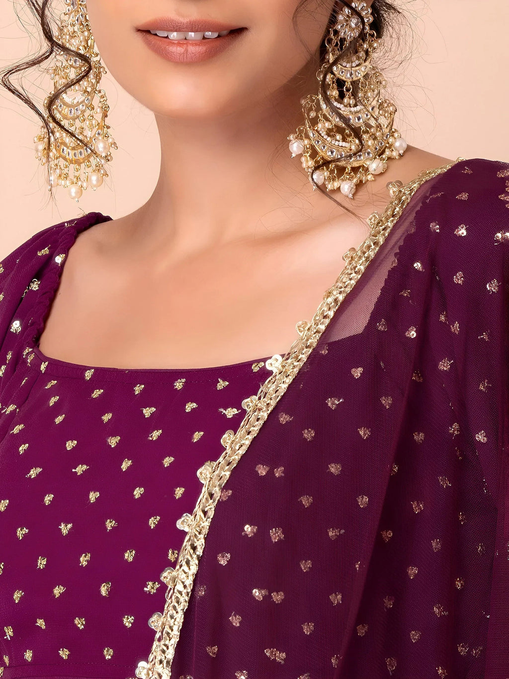 Alluring Purple Sequins Georgette Bridesmaid Lehenga Choli With Dupatta