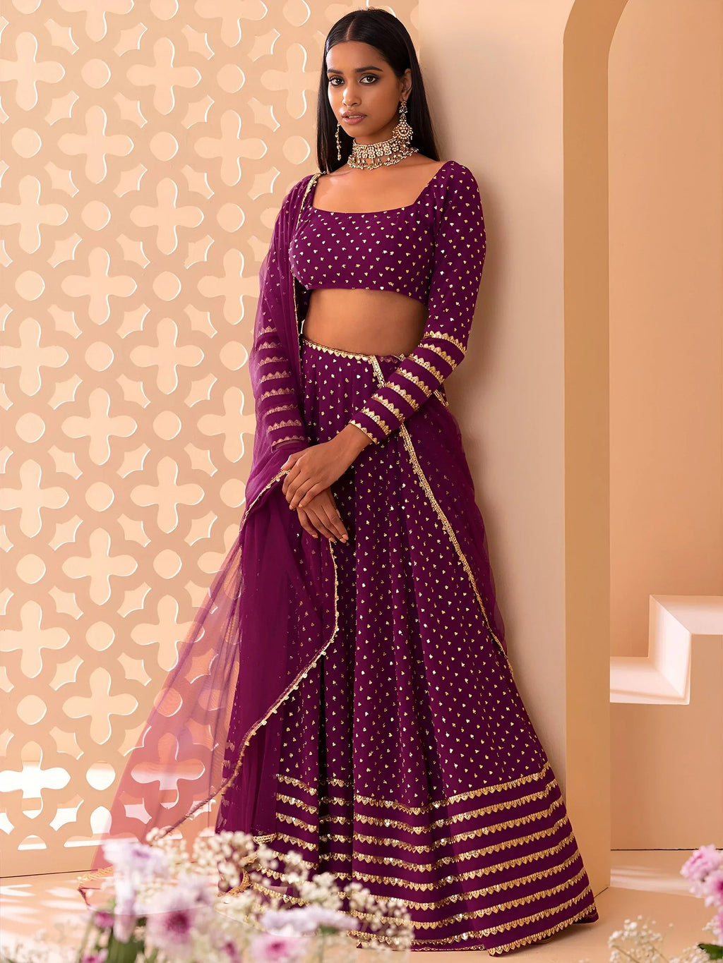 Alluring Purple Sequins Georgette Bridesmaid Lehenga Choli With Dupatta
