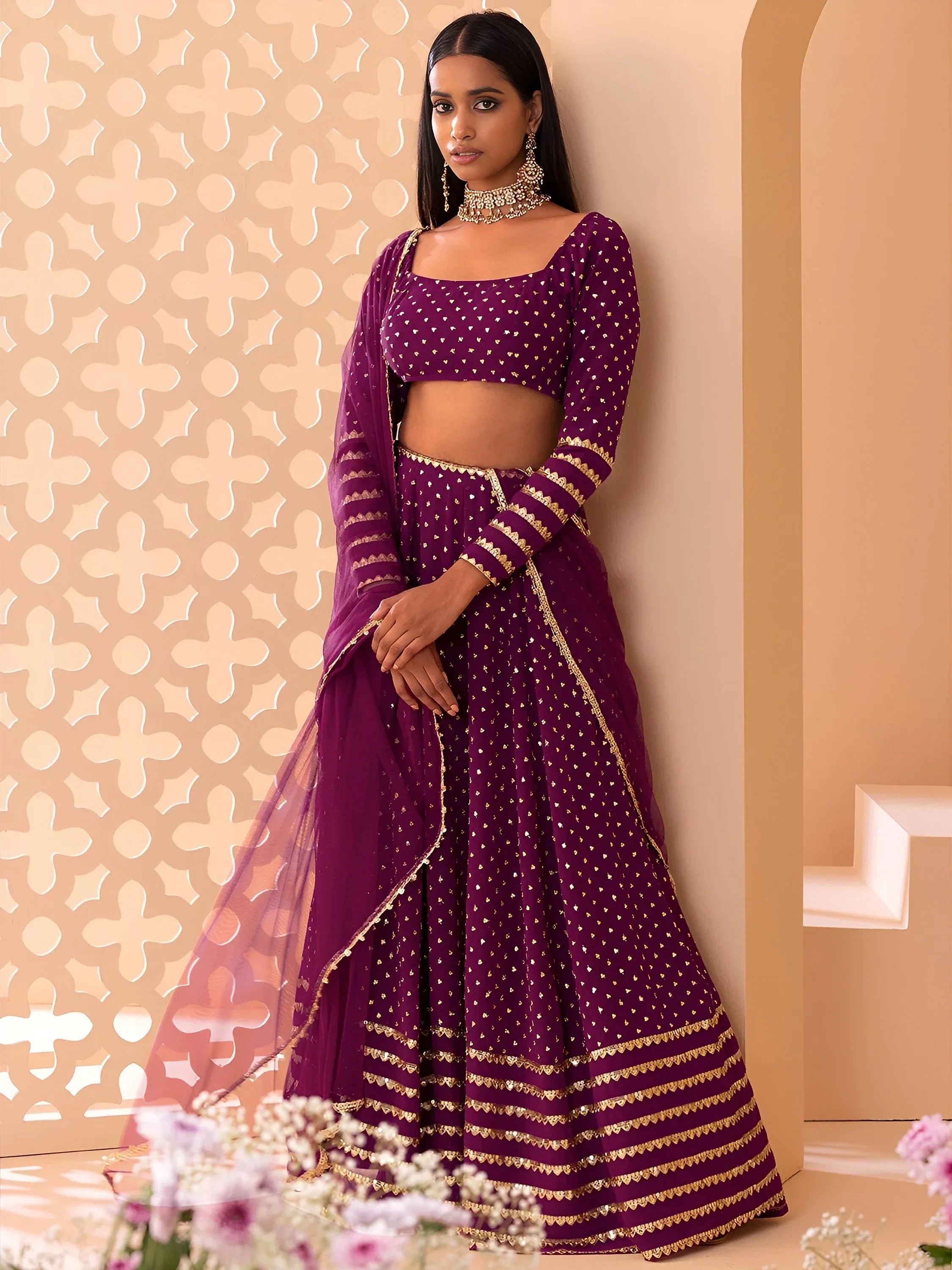 Alluring Purple Sequins Georgette Bridesmaid Lehenga Choli With Dupatta