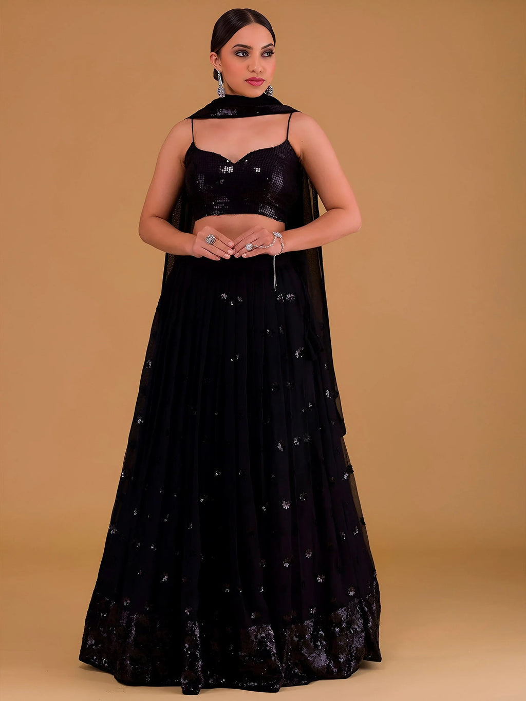 Black Outstanding Sequins Georgette Party Wear Lehenga Choli