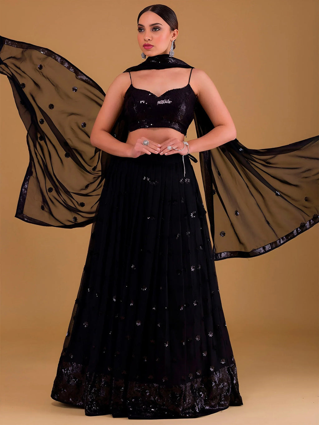 Black Outstanding Sequins Georgette Party Wear Lehenga Choli