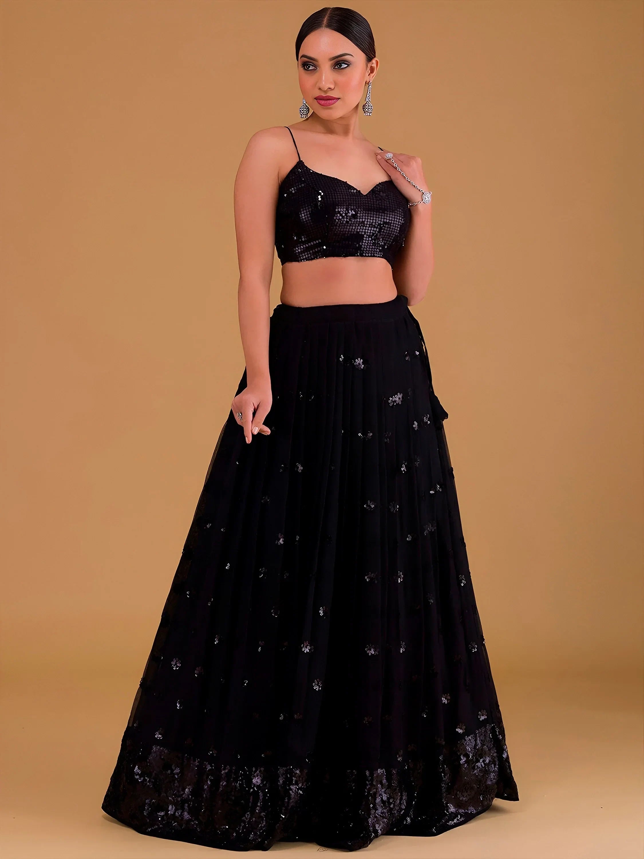 Black Outstanding Sequins Georgette Party Wear Lehenga Choli