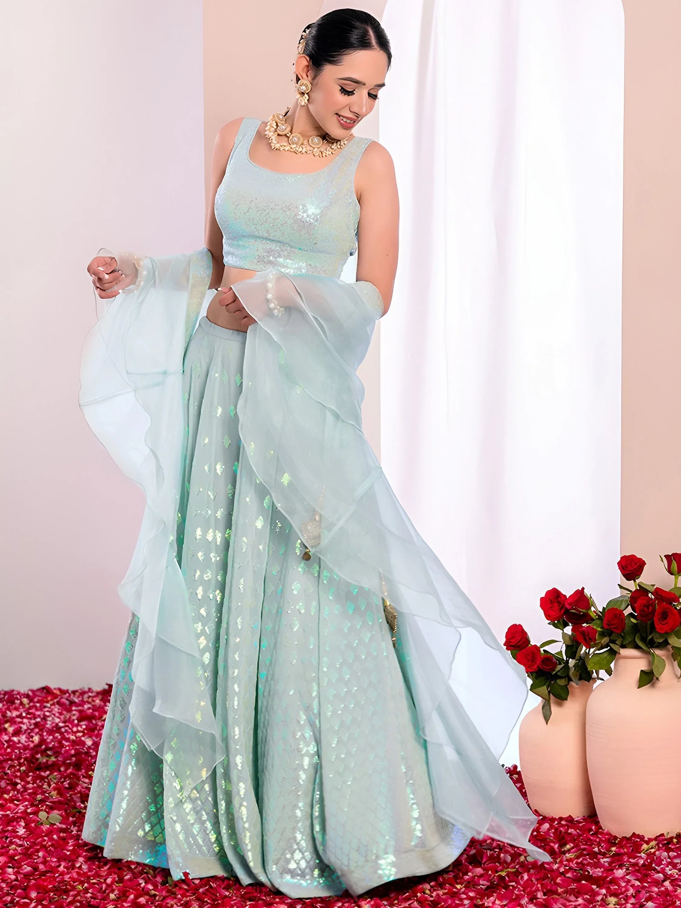 Sky Blue Astonishing Embroidered Georgette Party Wear Lehenga Choli