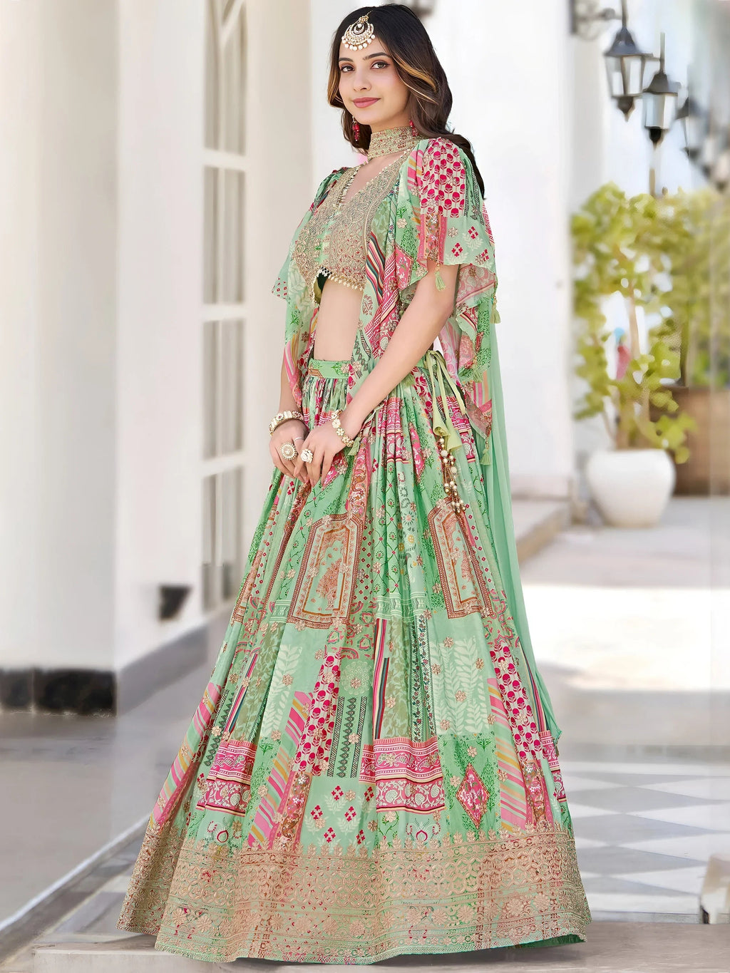 Gorgeous Pista Green Chinon Dori Embroidered Lehenga Choli