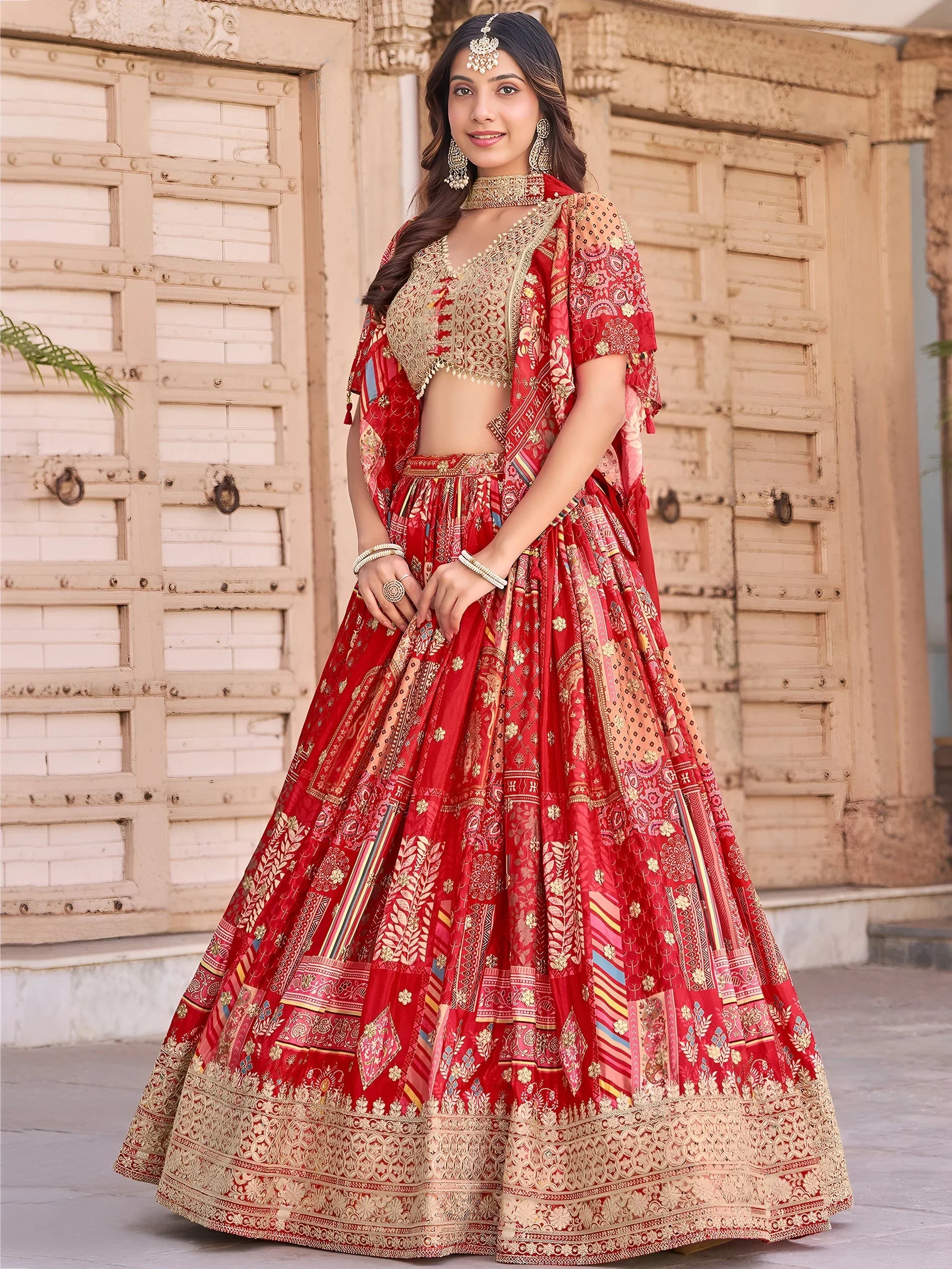 Stunning Red Chinon Digital Printed Wedding Lehenga Choli