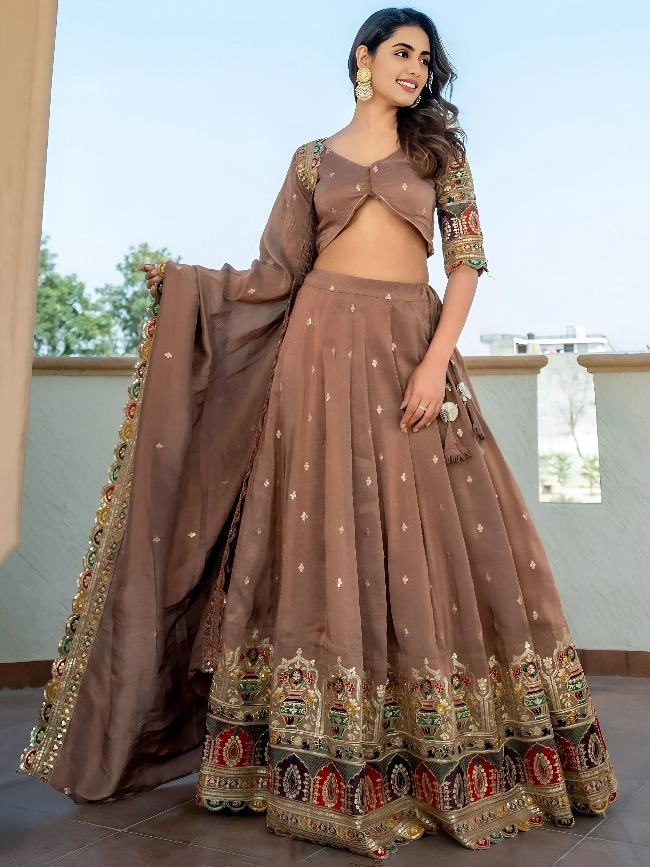 Beige Stunning Silk Sequins Party Wear Lehenga Choli With Dupatta