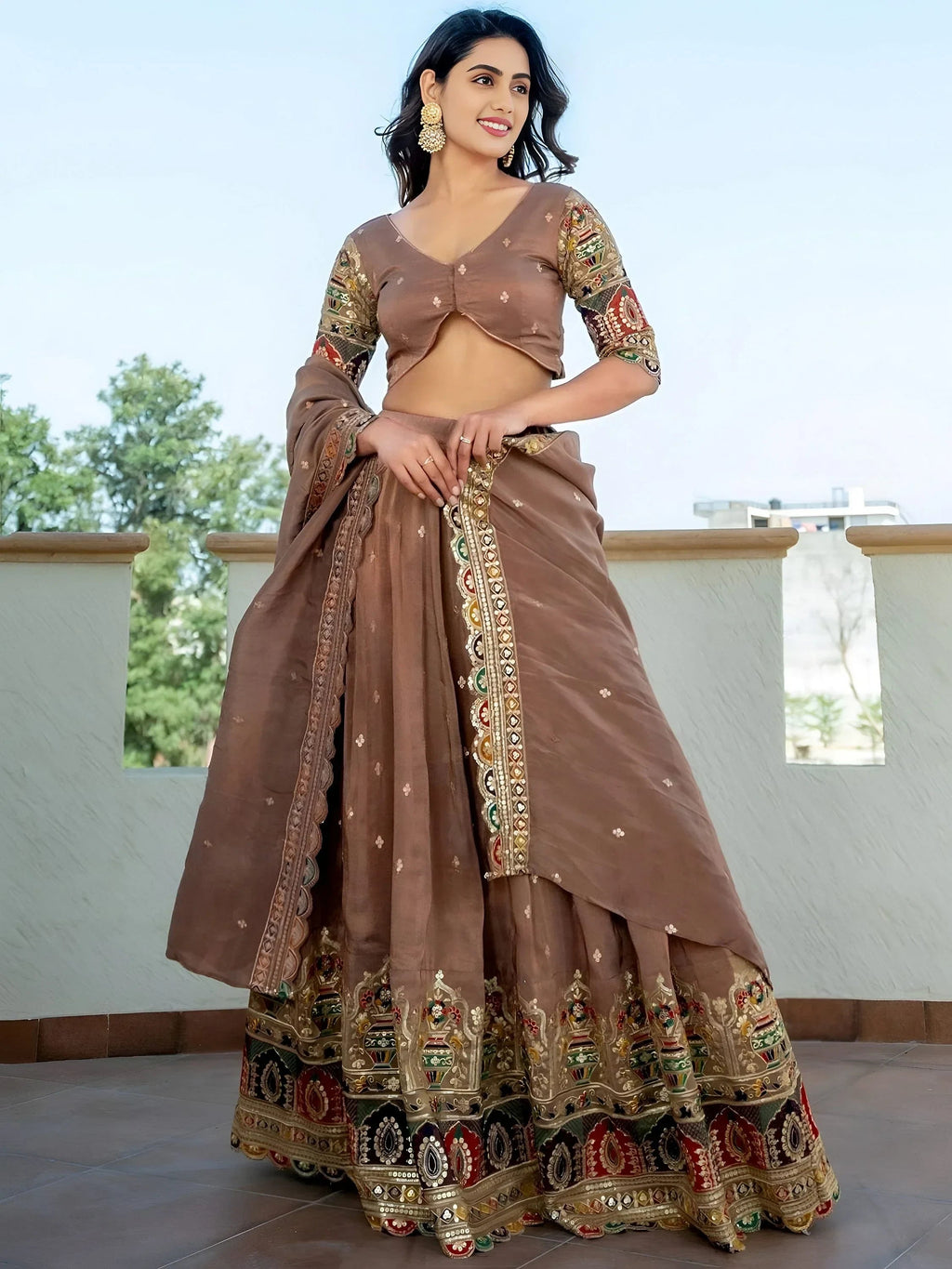 Beige Stunning Silk Sequins Party Wear Lehenga Choli With Dupatta