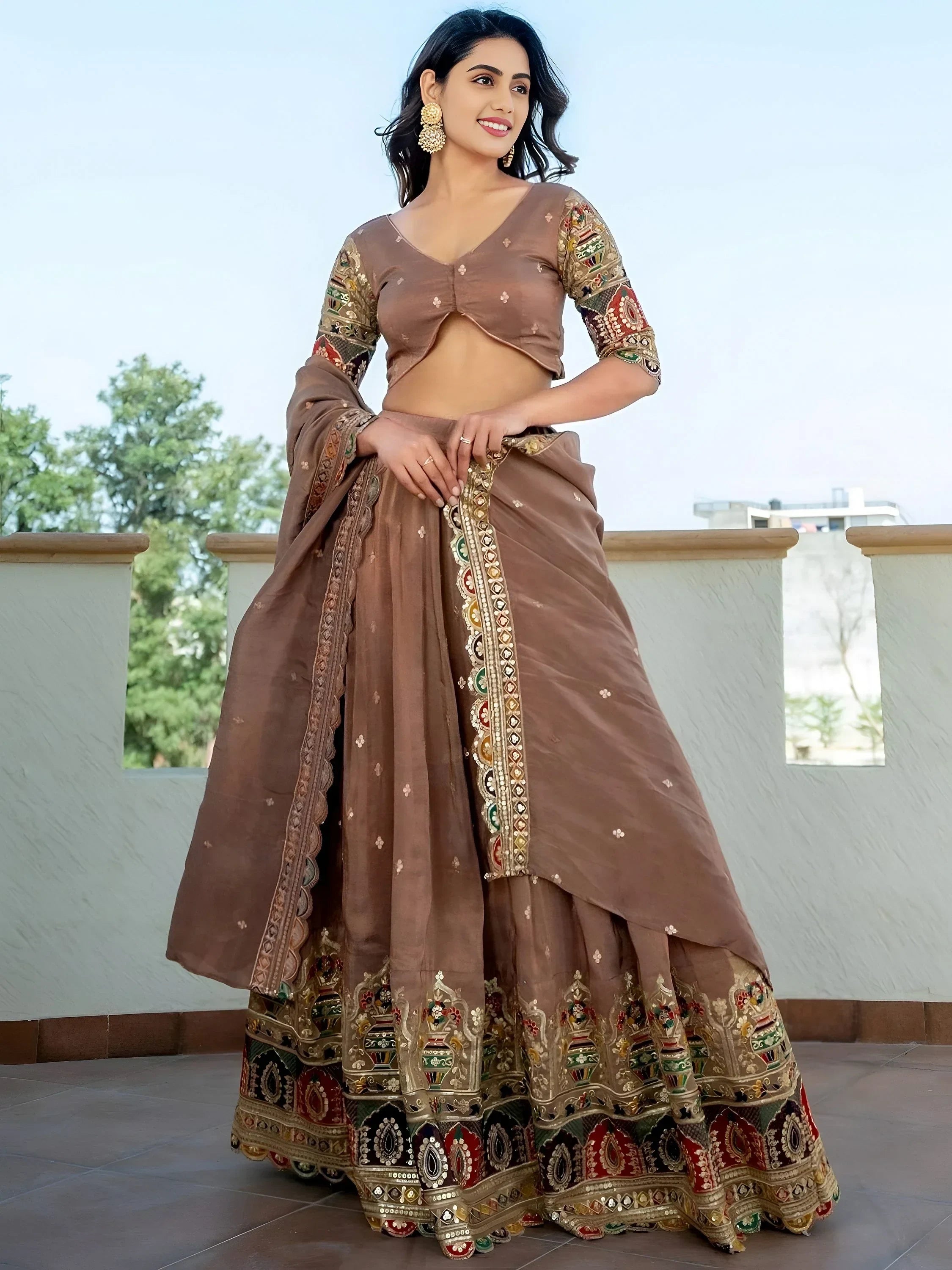Beige Stunning Silk Sequins Party Wear Lehenga Choli With Dupatta